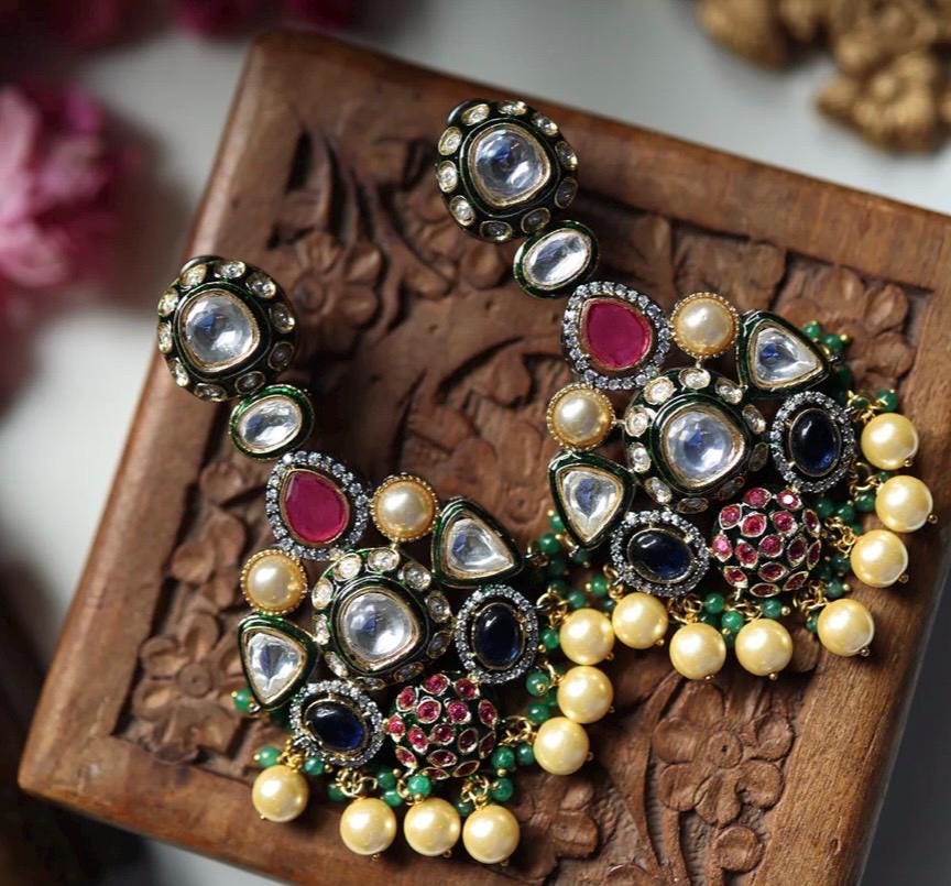 Sabyasachi Inspired Premium Fusion Victorian finish Uncut Polki Kundan Ruby Emerald Sapphire Pearl Statement Chaandbali Earrings/OOAK