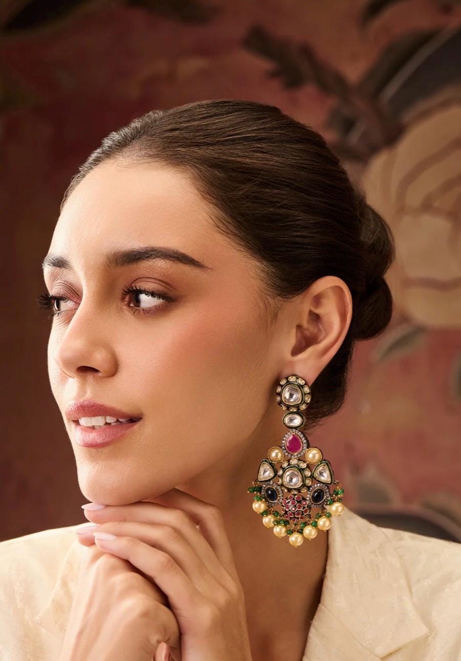 Sabyasachi Inspired Premium Fusion Victorian finish Uncut Polki Kundan Ruby Emerald Sapphire Pearl Statement Chaandbali Earrings/OOAK