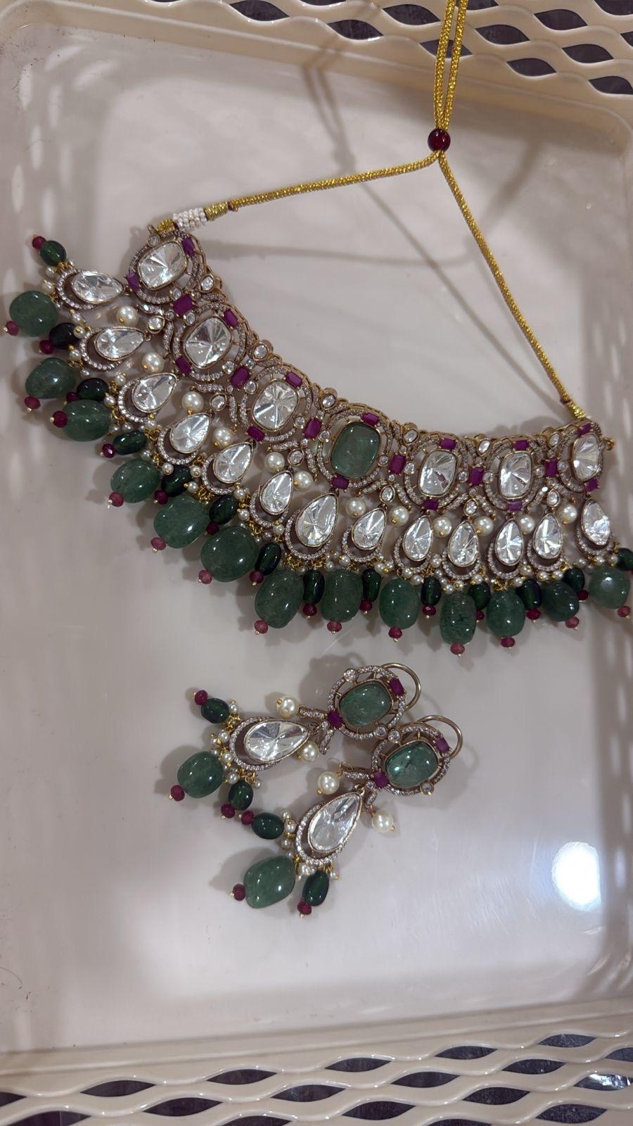 Sabyasachi inspired polki mossanite choker necklace with ruby pink semi precious beads with earrings/statement necklace/Indian Pakistani set