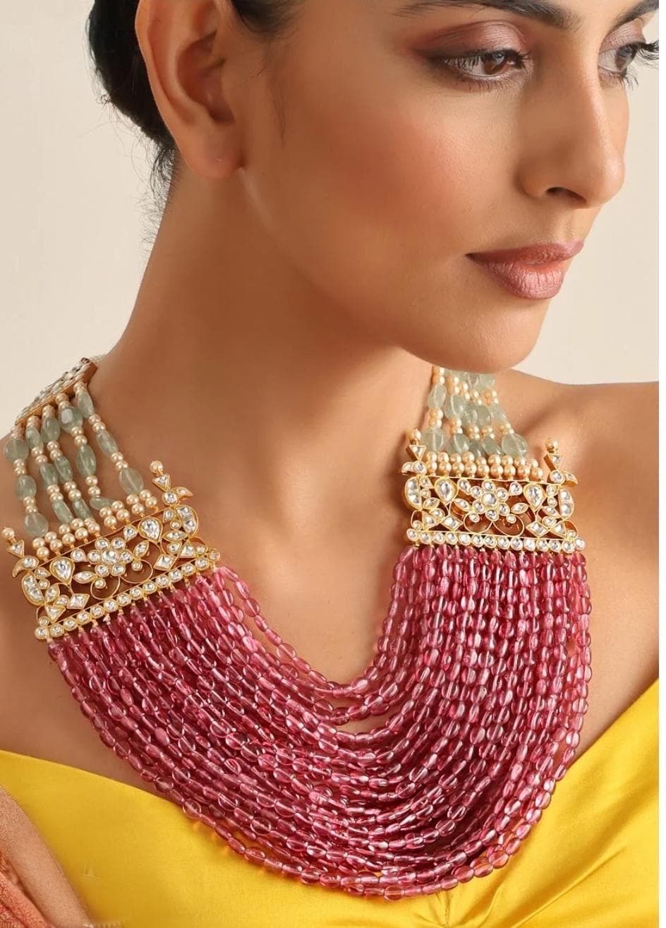 Jadau Kundan long ruby pink multi string Necklace Set with stud earrings/Sabyasachi Inspired Jewelry/Bollywood Jewelry/Statement necklace