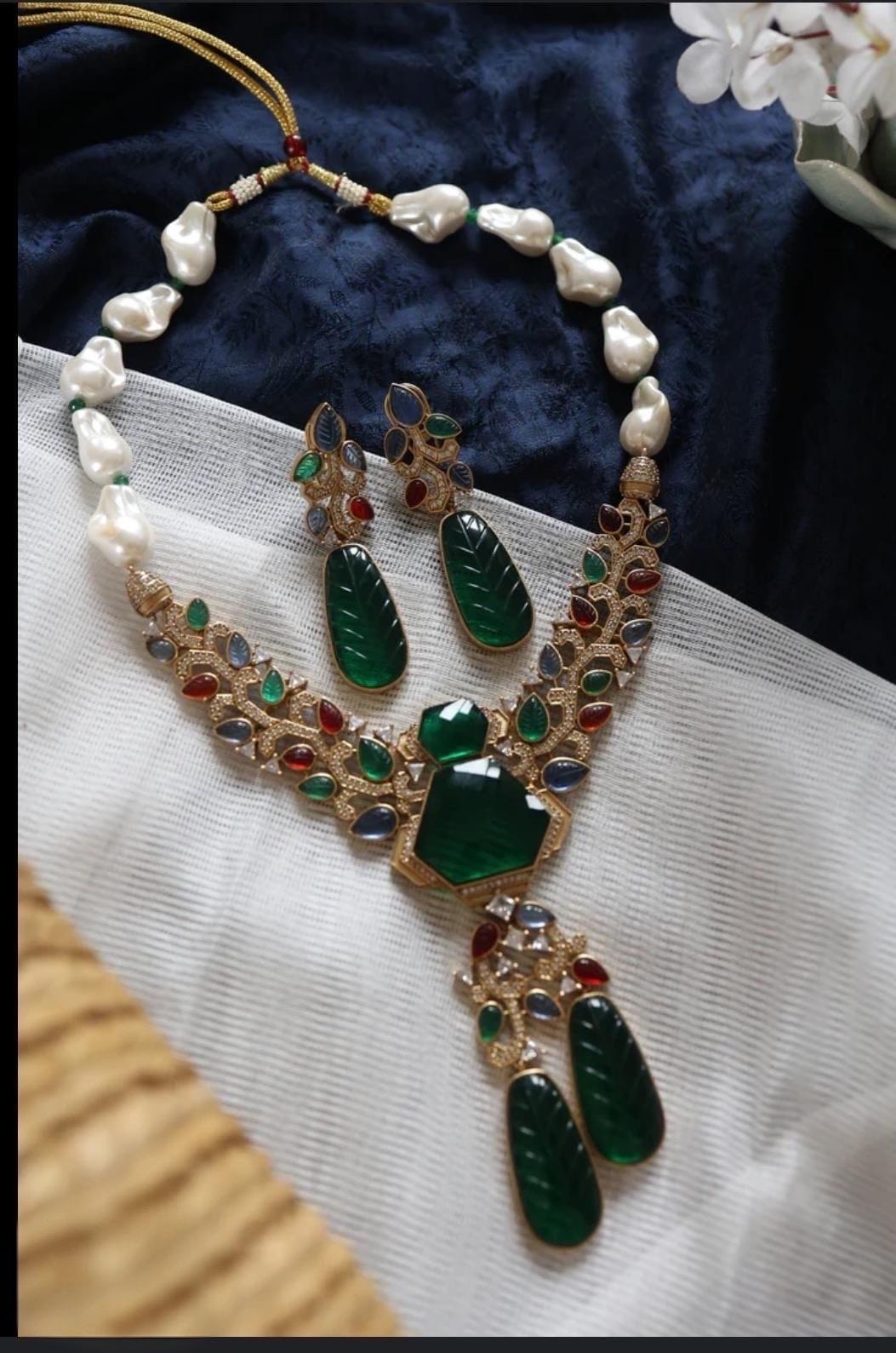 Sabyasachi Inspired Moissanite Kundan Polki with Navratan carving stones with real baroque pearls/Celebrity Wedding Set/Statement necklace/