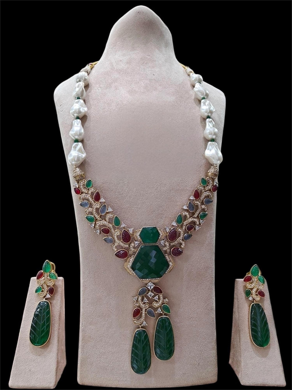 Sabyasachi Inspired Moissanite Kundan Polki with Navratan carving stones with real baroque pearls/Celebrity Wedding Set/Statement necklace/