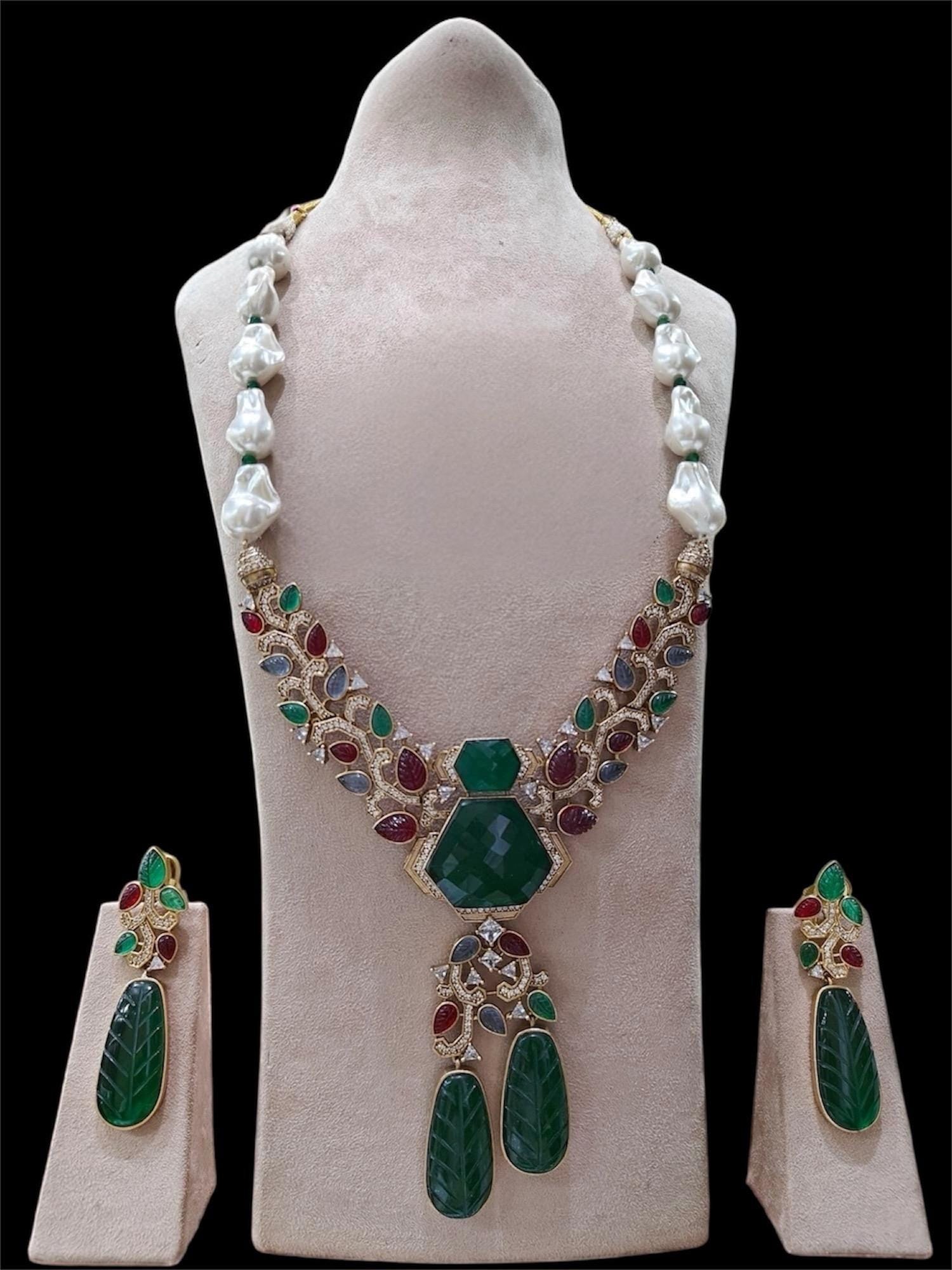 Sabyasachi Inspired Moissanite Kundan Polki with Navratan carving stones with real baroque pearls/Celebrity Wedding Set/Statement necklace/