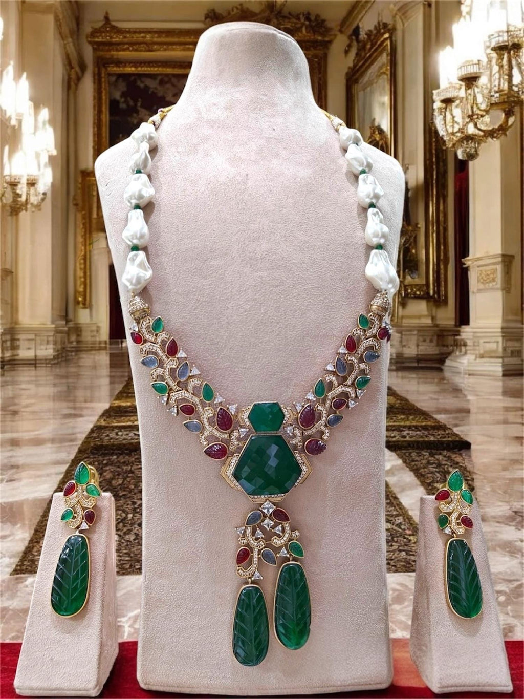 Sabyasachi Inspired Moissanite Kundan Polki with Navratan carving stones with real baroque pearls/Celebrity Wedding Set/Statement necklace/