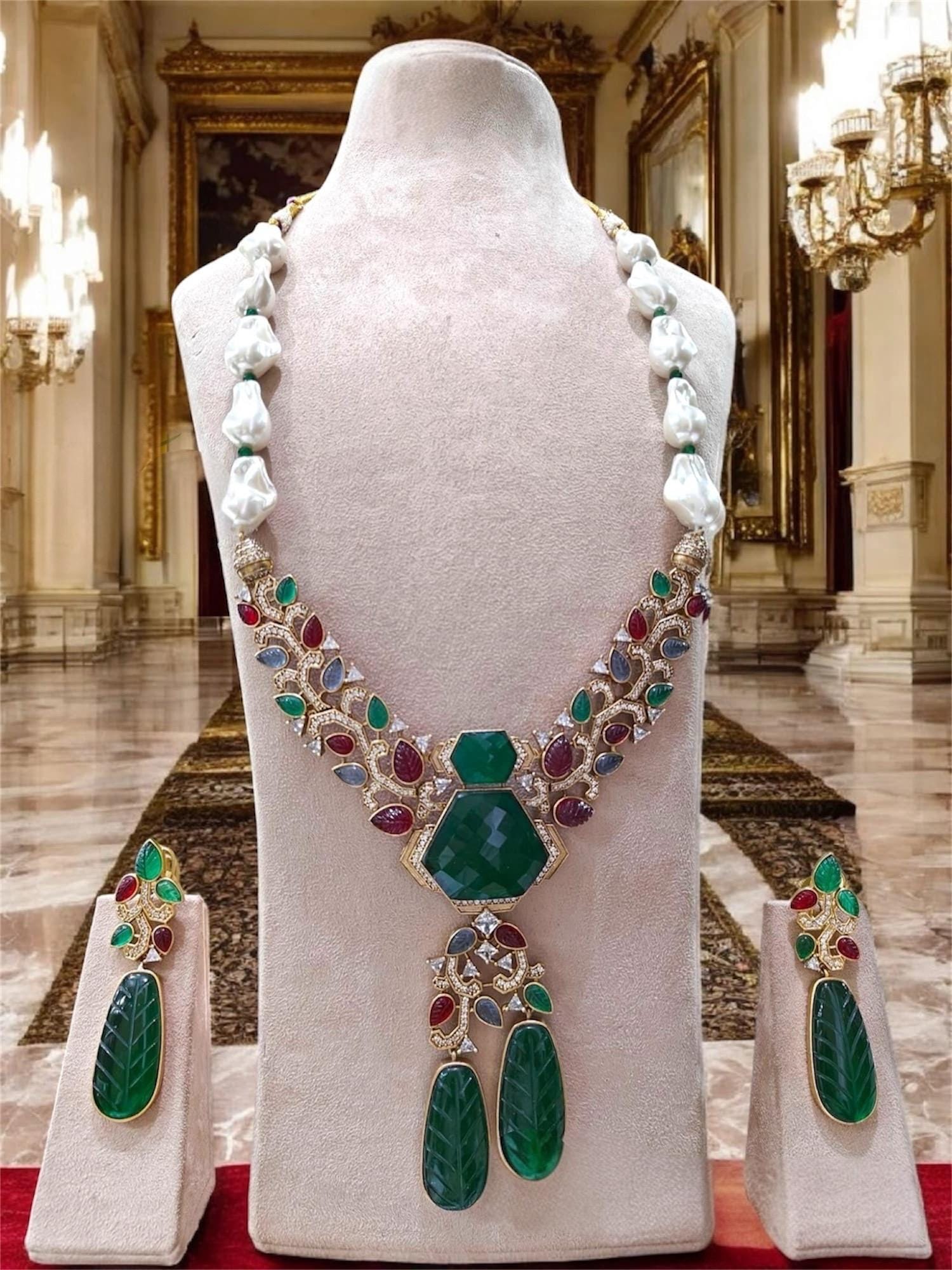 Sabyasachi Inspired Moissanite Kundan Polki with Navratan carving stones with real baroque pearls/Celebrity Wedding Set/Statement necklace/