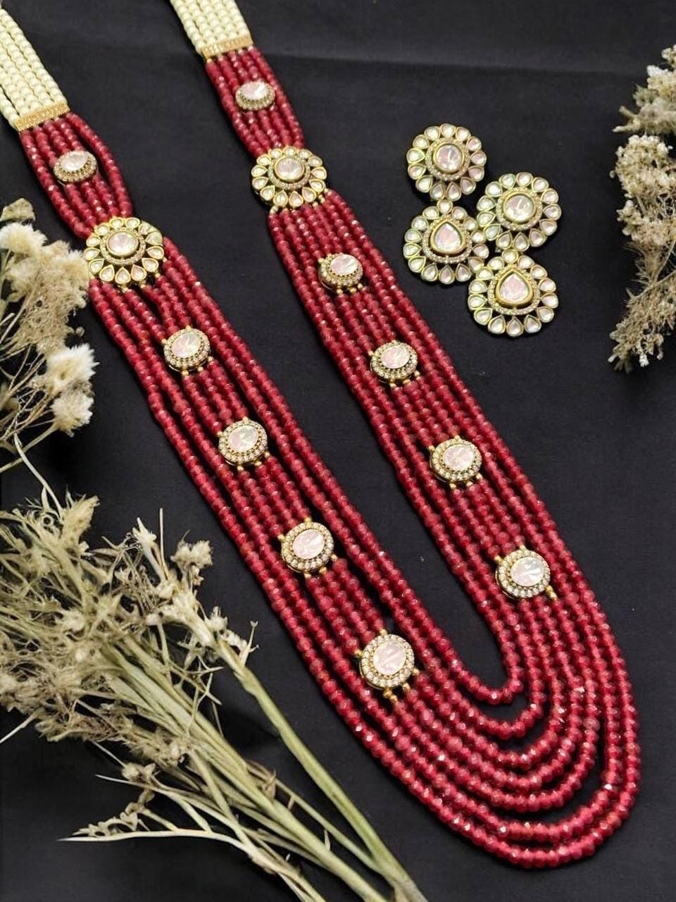 Moissanite Polki layered real Onyx beads Necklace with earrings,Mala set,Indian jewelry,Wedding jewelry,Statement necklace,Sabyasachi set