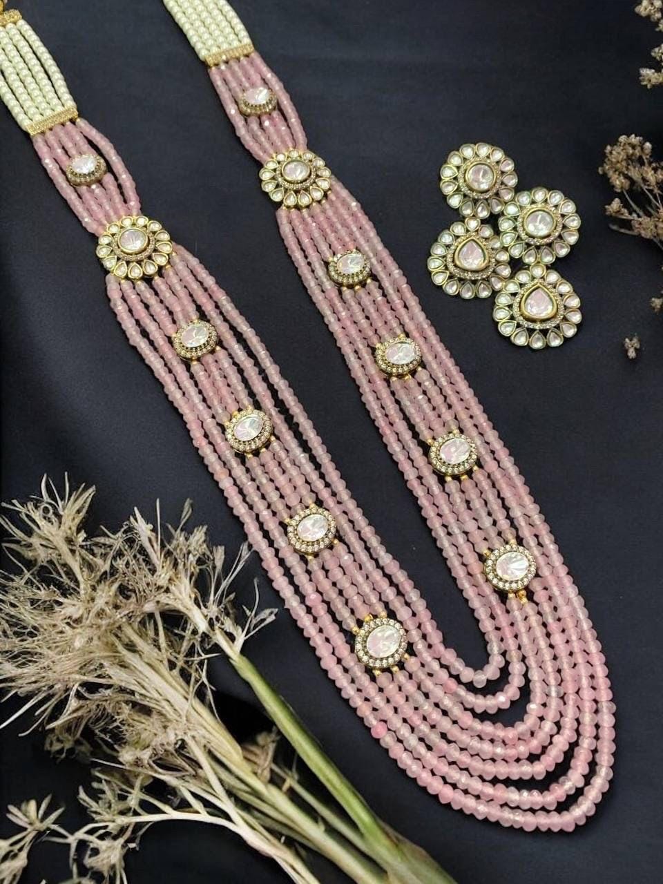 Moissanite Polki layered real Onyx beads Necklace with earrings,Mala set,Indian jewelry,Wedding jewelry,Statement necklace,Sabyasachi set