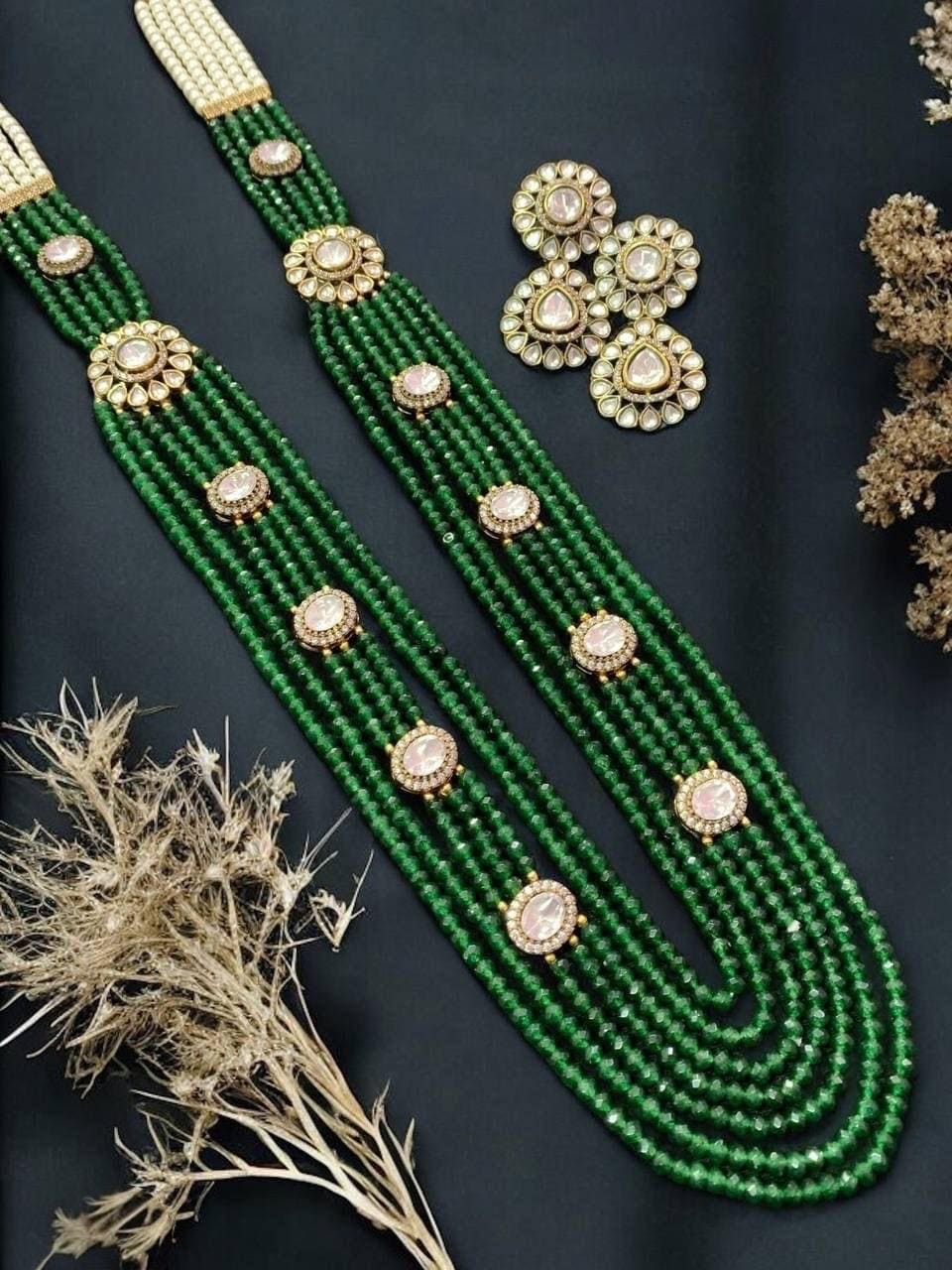 Moissanite Polki layered real Onyx beads Necklace with earrings,Mala set,Indian jewelry,Wedding jewelry,Statement necklace,Sabyasachi set