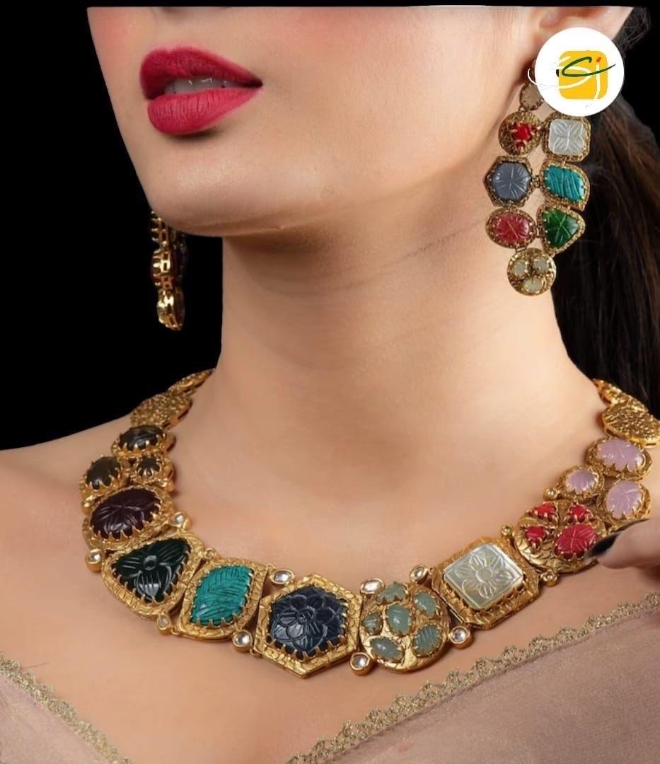 Sabyasachi Inspired Moissanite Polki necklace with Navratan kundan carving stones/Celebrity Wedding Set/Statement necklace/Bridal Indian set