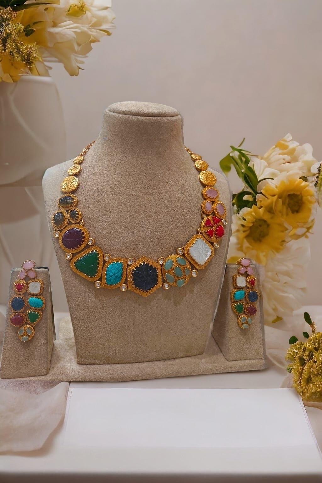 Sabyasachi Inspired Moissanite Polki necklace with Navratan kundan carving stones/Celebrity Wedding Set/Statement necklace/Bridal Indian set