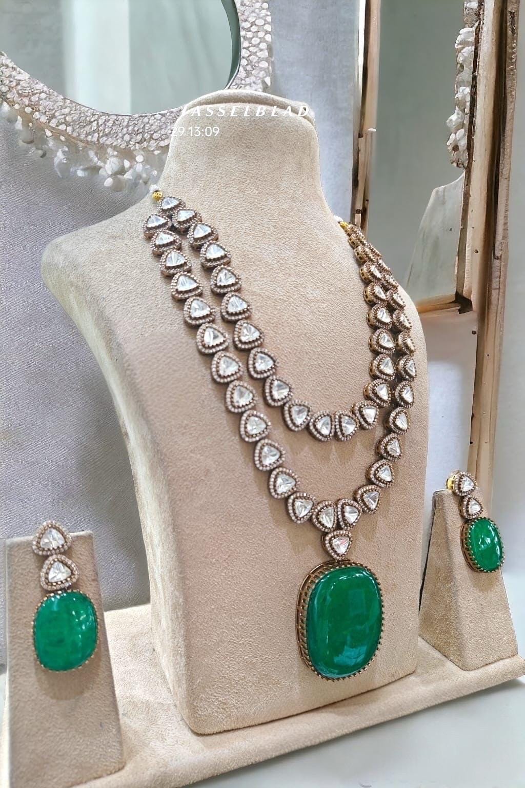 Emerald green Victorian doublets statement long dual premium kundan Polki necklace set with earrings/sabyasachi jewelry/statement necklace