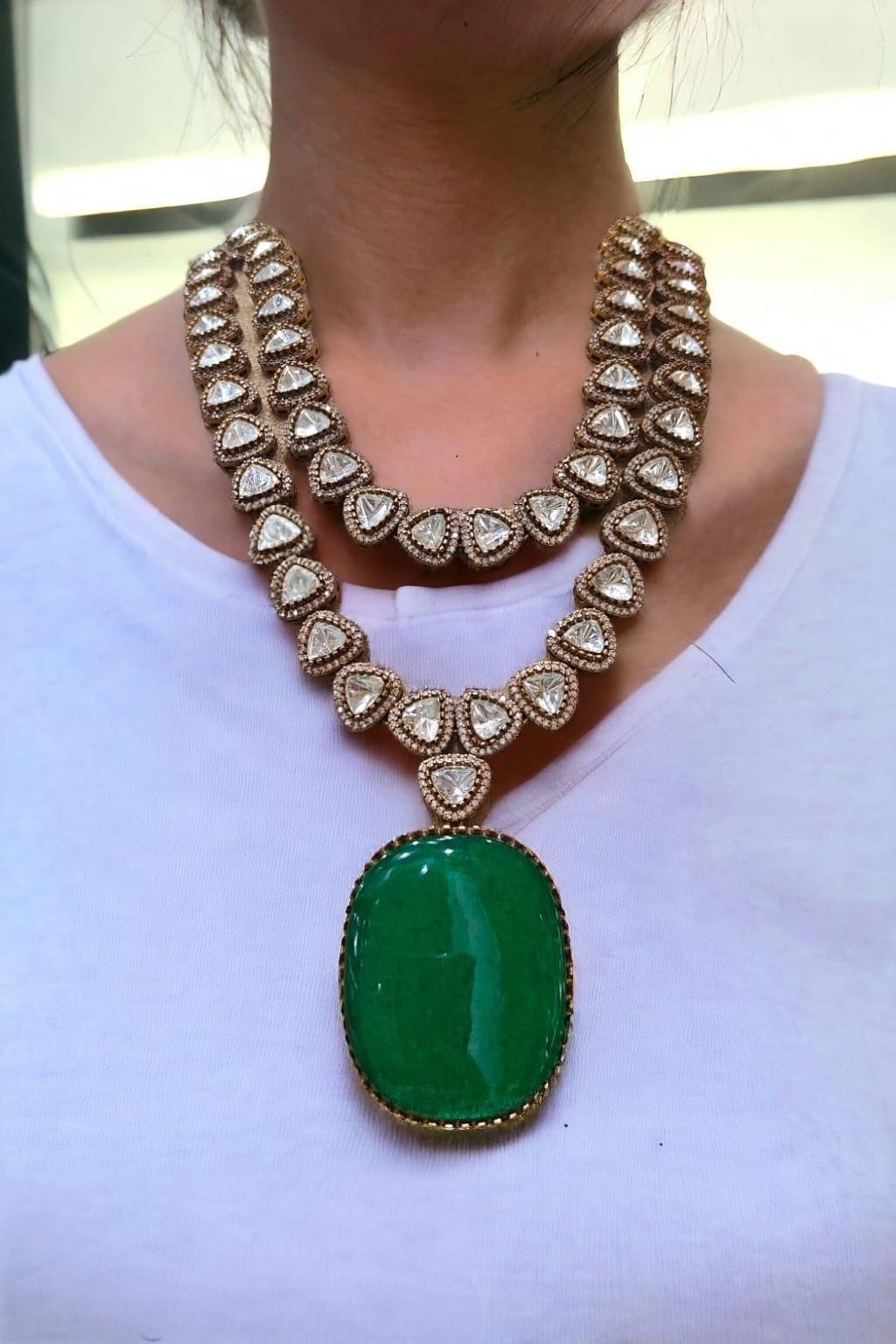Emerald green Victorian doublets statement long dual premium kundan Polki necklace set with earrings/sabyasachi jewelry/statement necklace