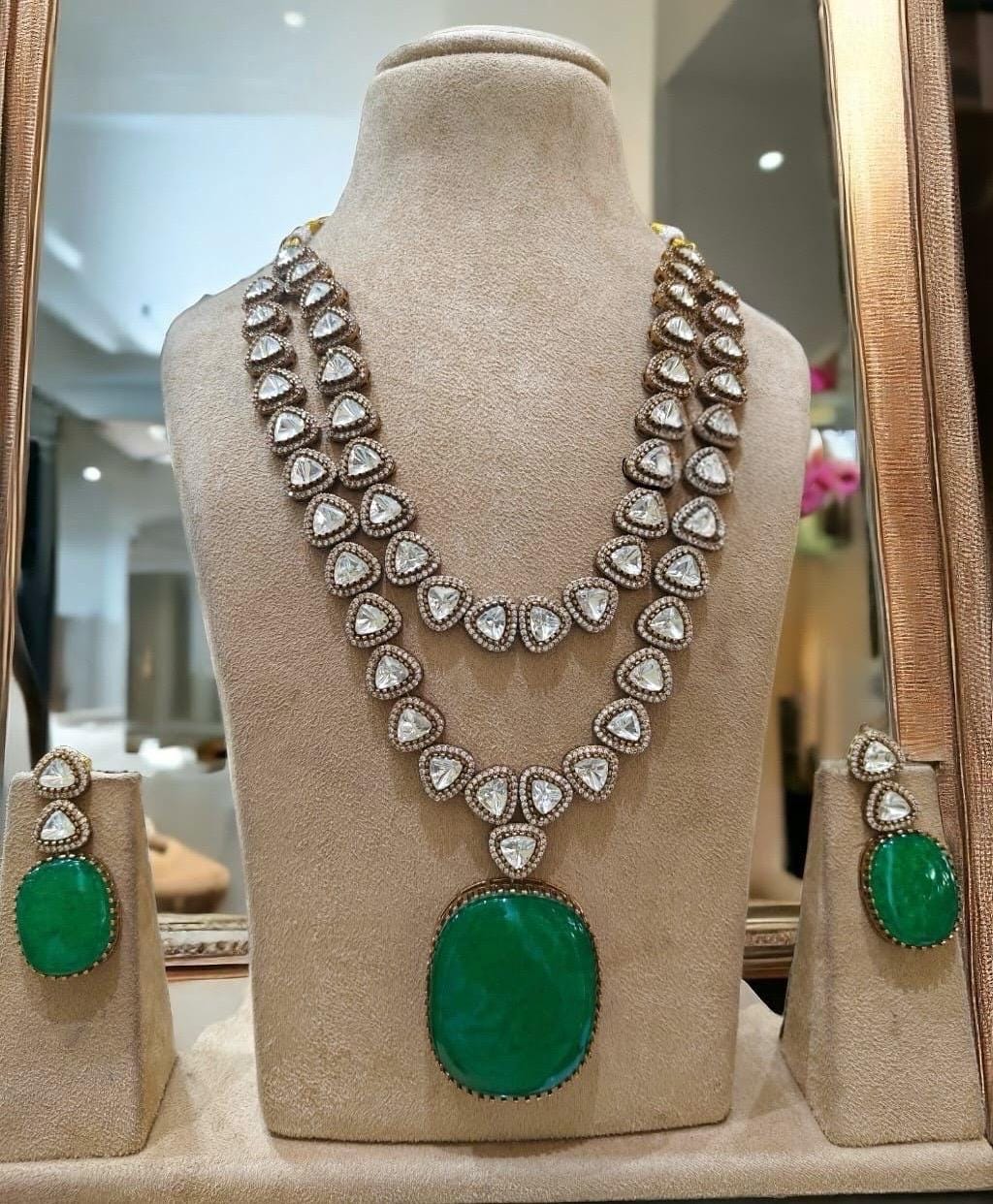 Emerald green Victorian doublets statement long dual premium kundan Polki necklace set with earrings/sabyasachi jewelry/statement necklace