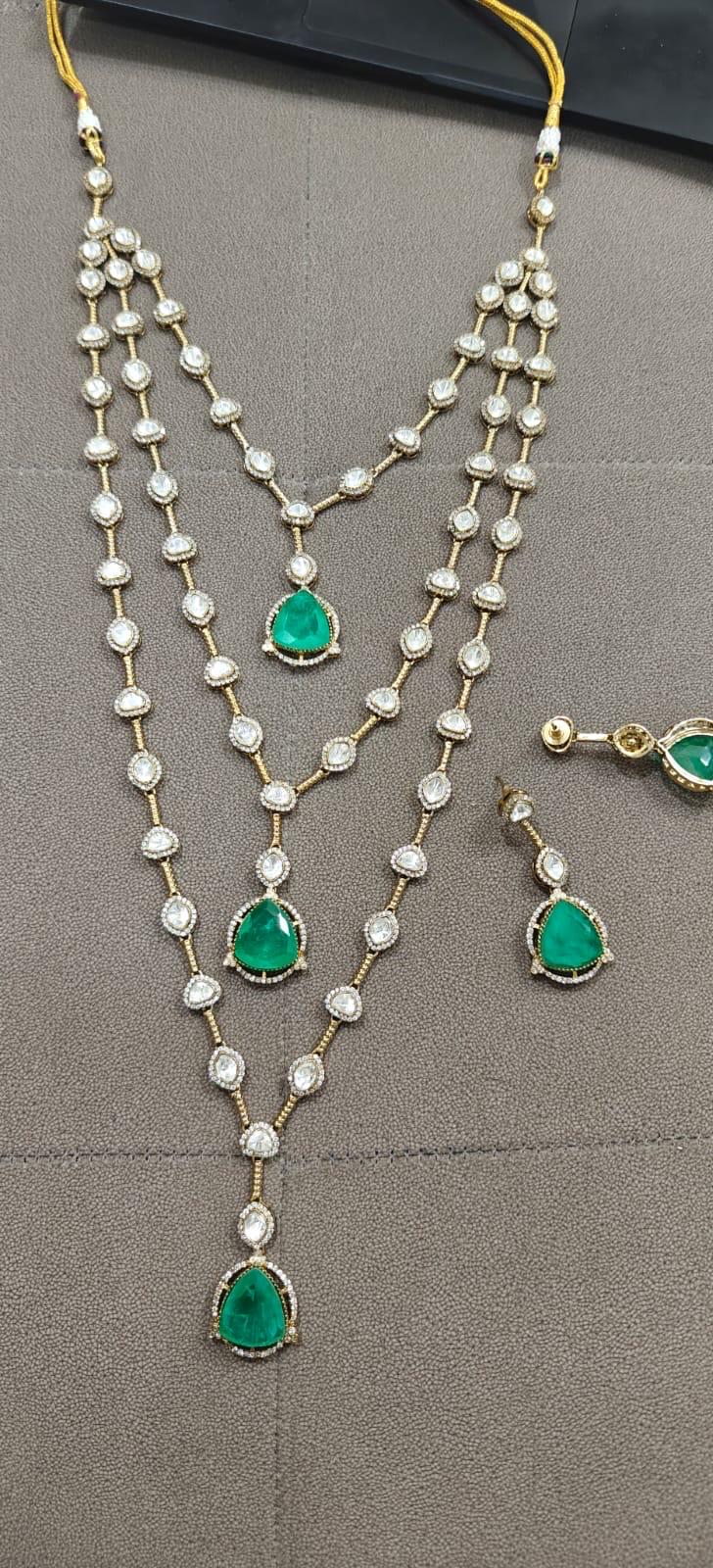 Moissanite Double layered Necklace with earrings,Indian jewelry,Wedding jewelry,Statement necklace,Pakistani jewery,Bollywood,Sabyasachi set