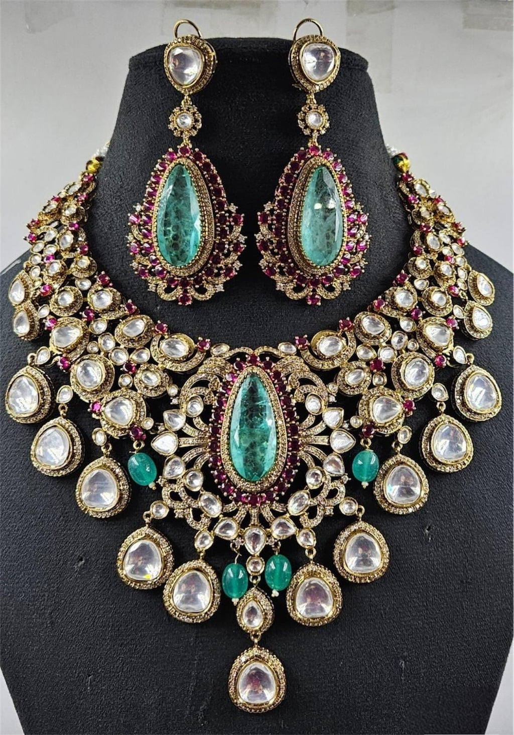 Designer Moissanite Polki Doublet Stone set with earrings,statement necklace,fusion necklace,Indian jewelry,bridal jewelry,wedding jewelry