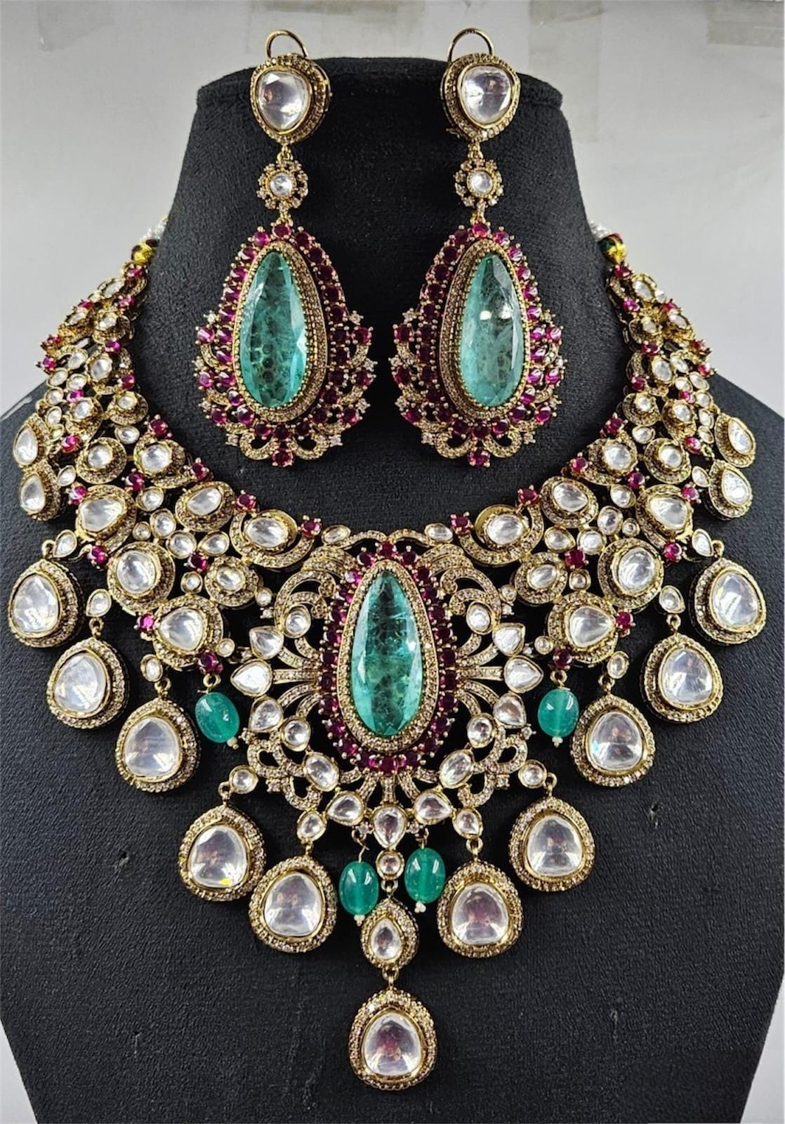 Designer Moissanite Polki Doublet Stone set with earrings,statement necklace,fusion necklace,Indian jewelry,bridal jewelry,wedding jewelry