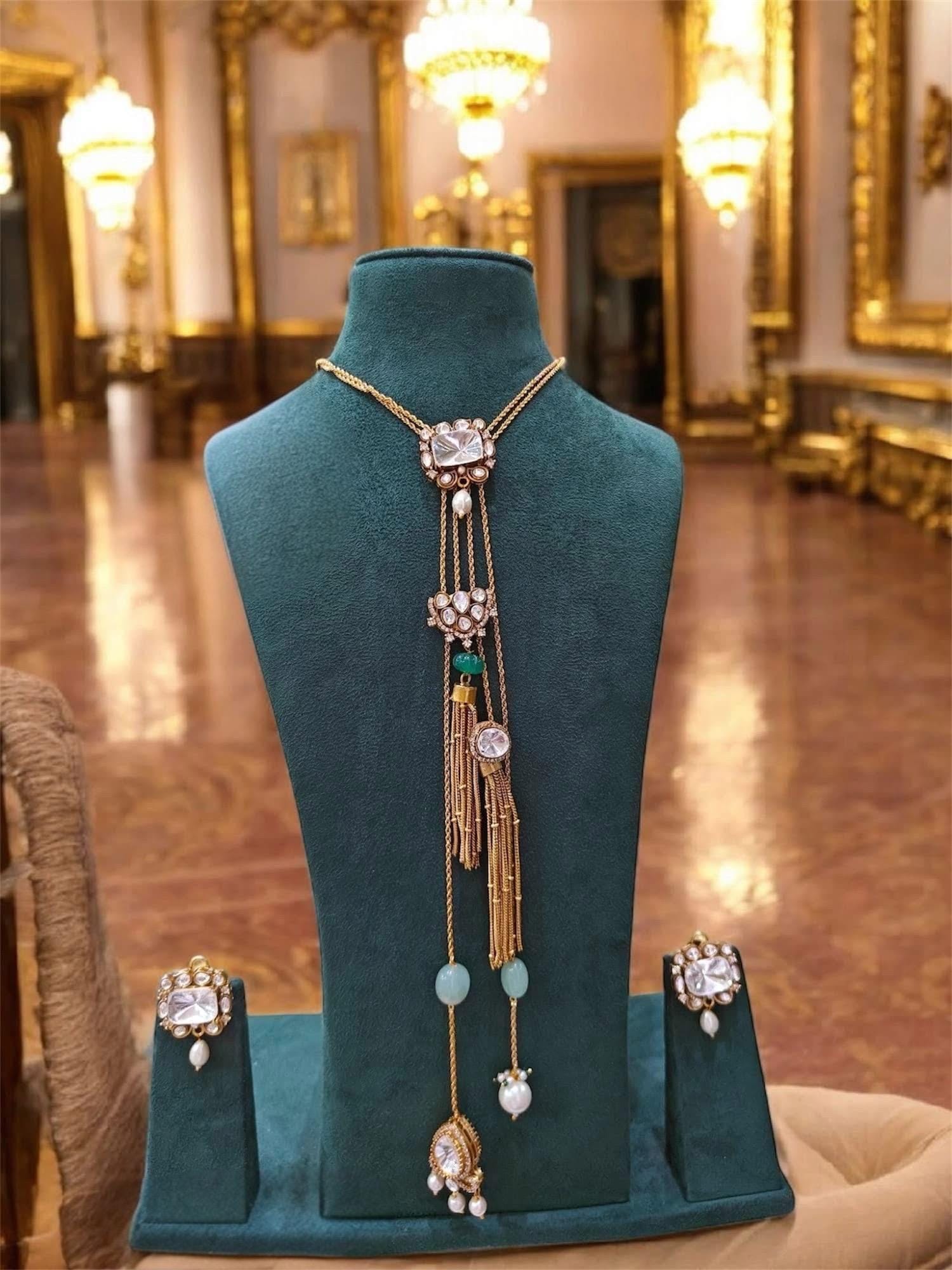 Elegant Gold Finish gemstone embedded Long Chain Pendant Necklace With Earrings/Sabysachi Indian Pakistani Punjabi Bridal Statement Set