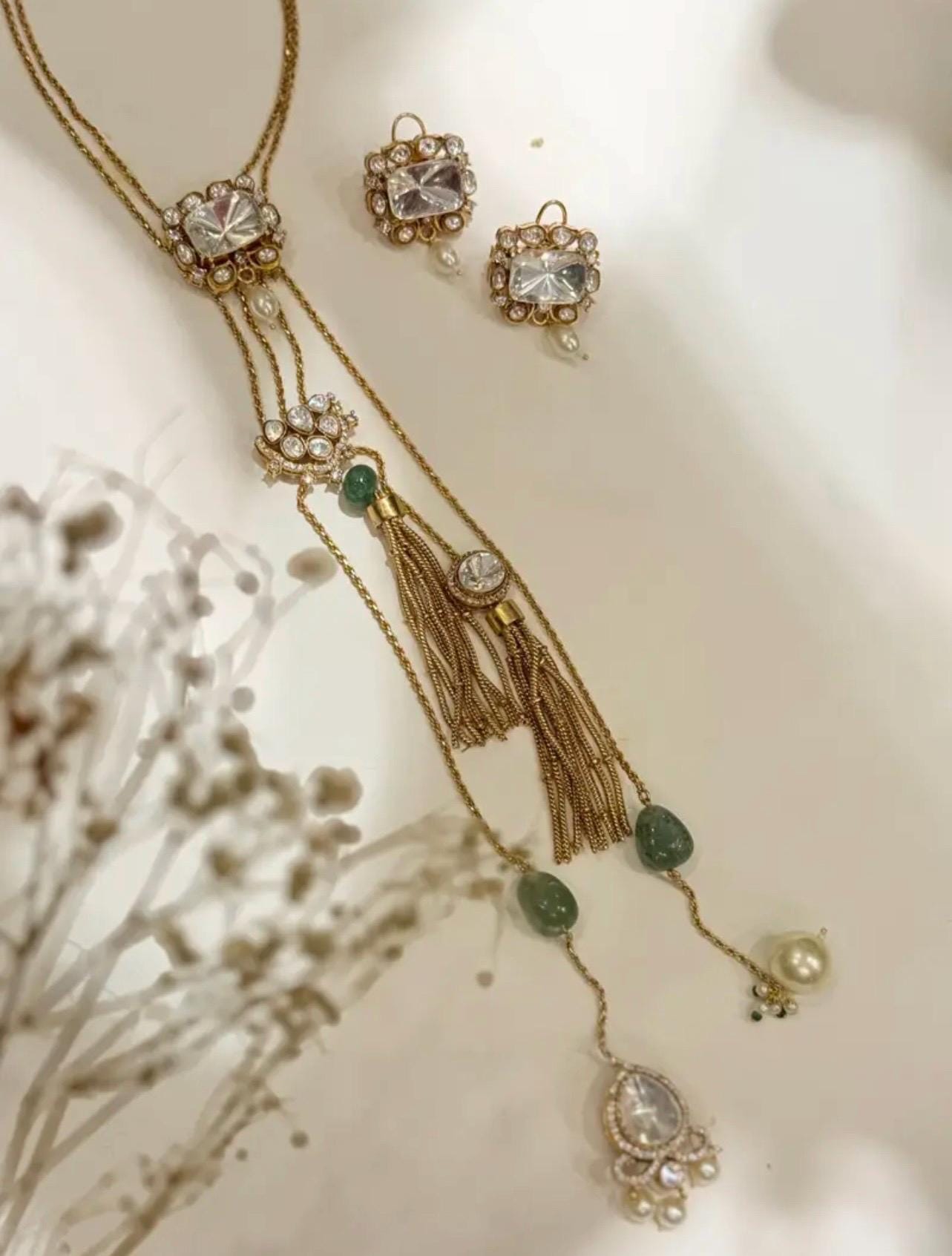 Elegant Gold Finish gemstone embedded Long Chain Pendant Necklace With Earrings/Sabysachi Indian Pakistani Punjabi Bridal Statement Set