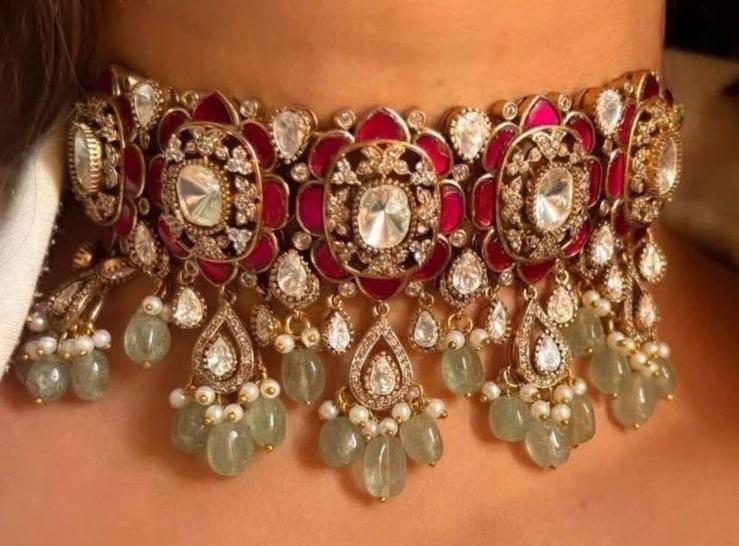 Sabyasachi inspired polki mossanite choker necklace with strawberry semi precious beads with earrings/statement Indian Pakistani necklace