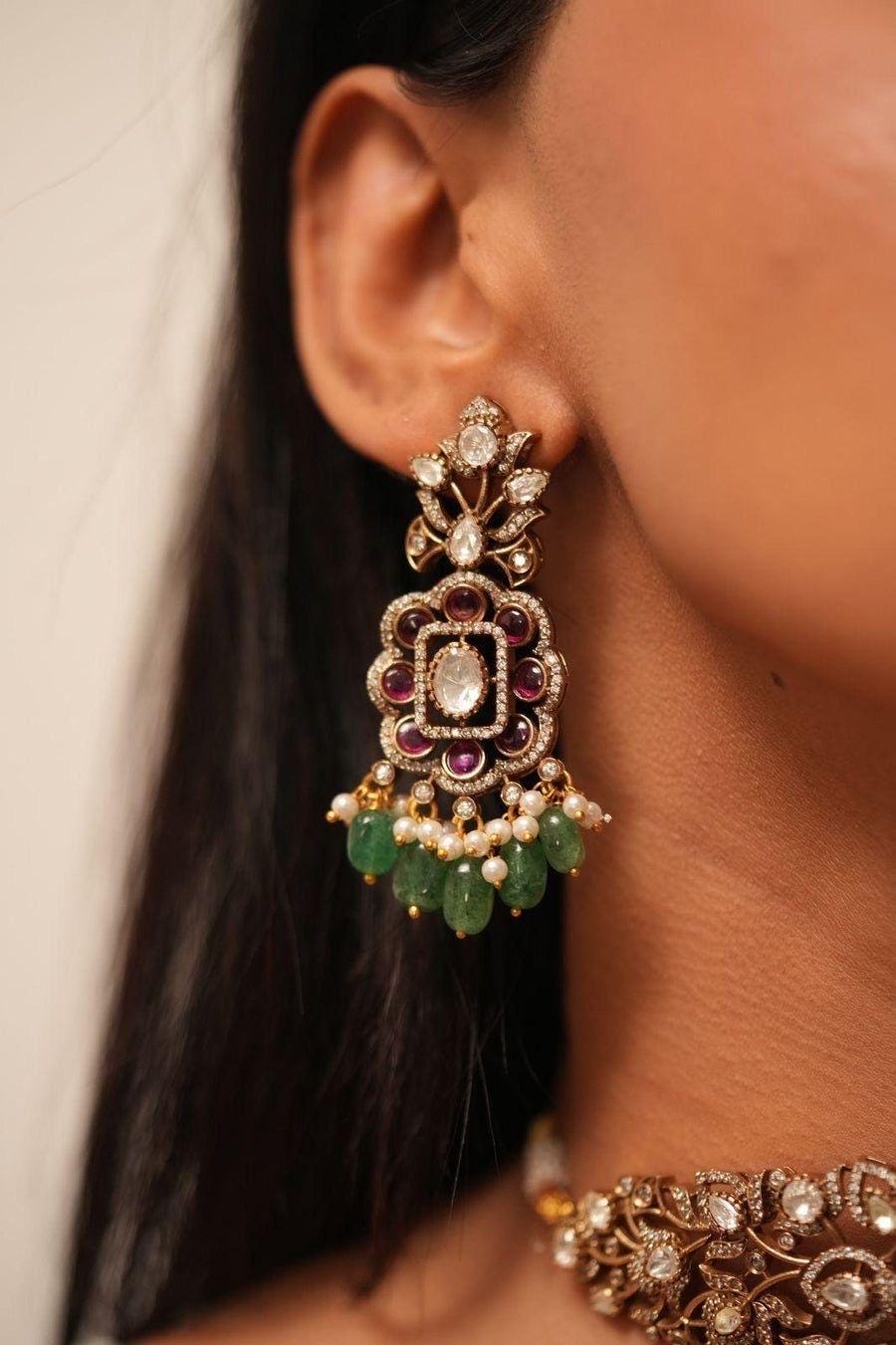 Sabyasachi inspired polki mossanite choker necklace with ruby pink and green semi precious beads with earrings/statement necklace/Indian set