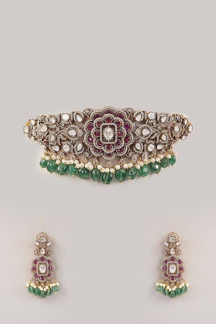 Sabyasachi inspired polki mossanite choker necklace with ruby pink and green semi precious beads with earrings/statement necklace/Indian set