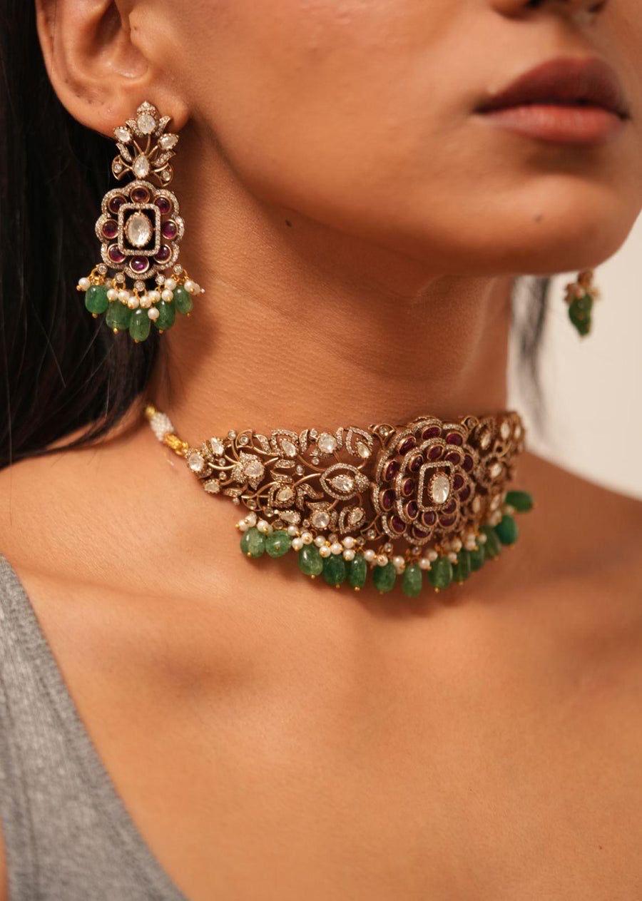 Sabyasachi inspired polki mossanite choker necklace with ruby pink and green semi precious beads with earrings/statement necklace/Indian set