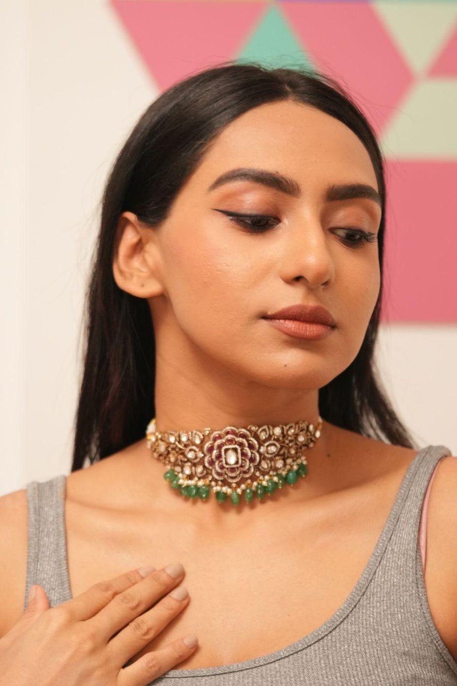 Sabyasachi inspired polki mossanite choker necklace with ruby pink and green semi precious beads with earrings/statement necklace/Indian set