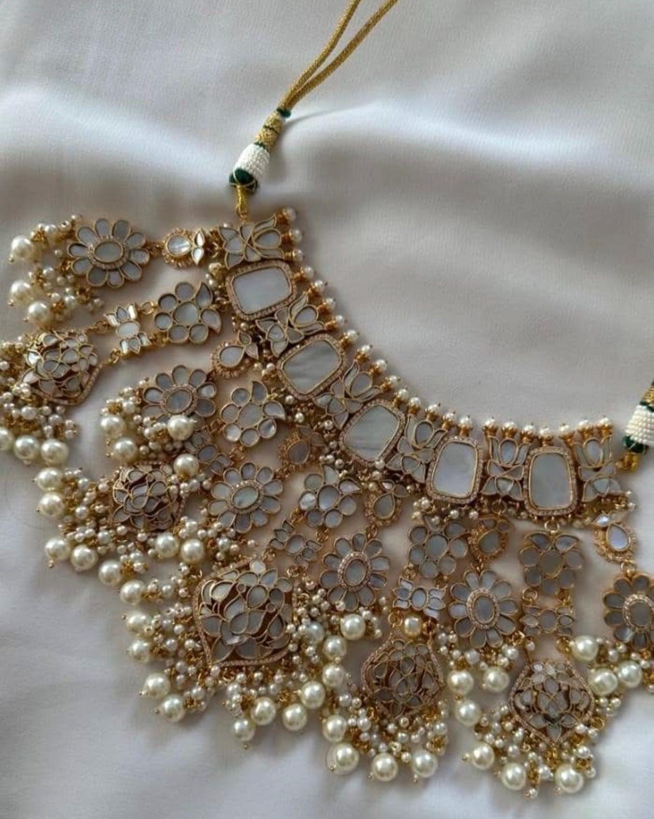 Designer Mother of pearl chand bridal choker set with earrings/pearl necklace set/mop choker/wedding bridal statement Indian Pakistani set