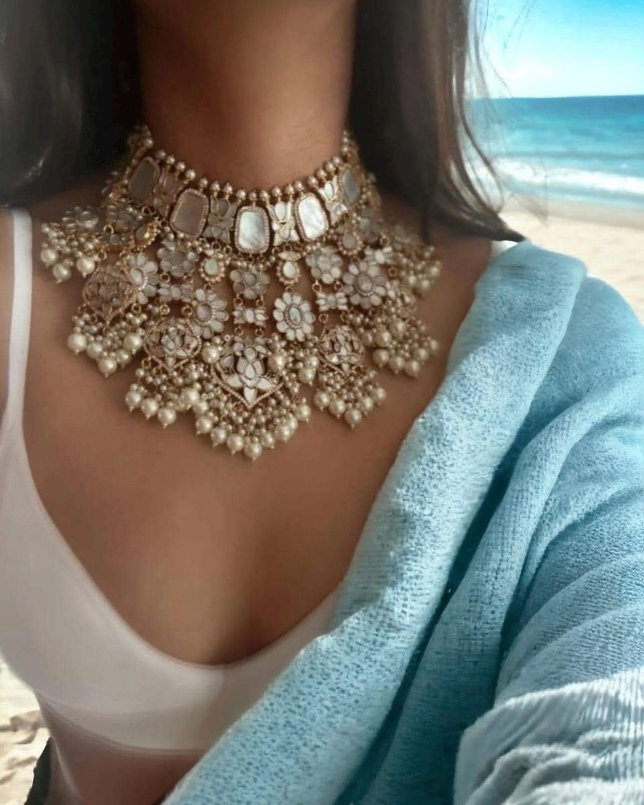 Designer Mother of pearl chand bridal choker set with earrings/pearl necklace set/mop choker/wedding bridal statement Indian Pakistani set