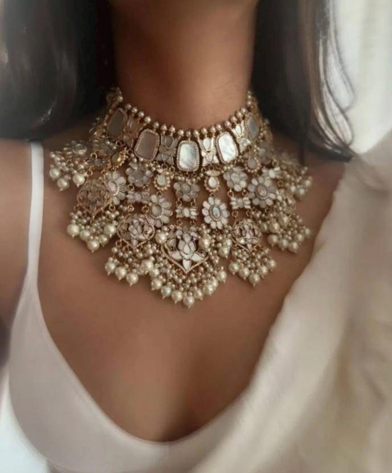 Designer Mother of pearl chand bridal choker set with earrings/pearl necklace set/mop choker/wedding bridal statement Indian Pakistani set