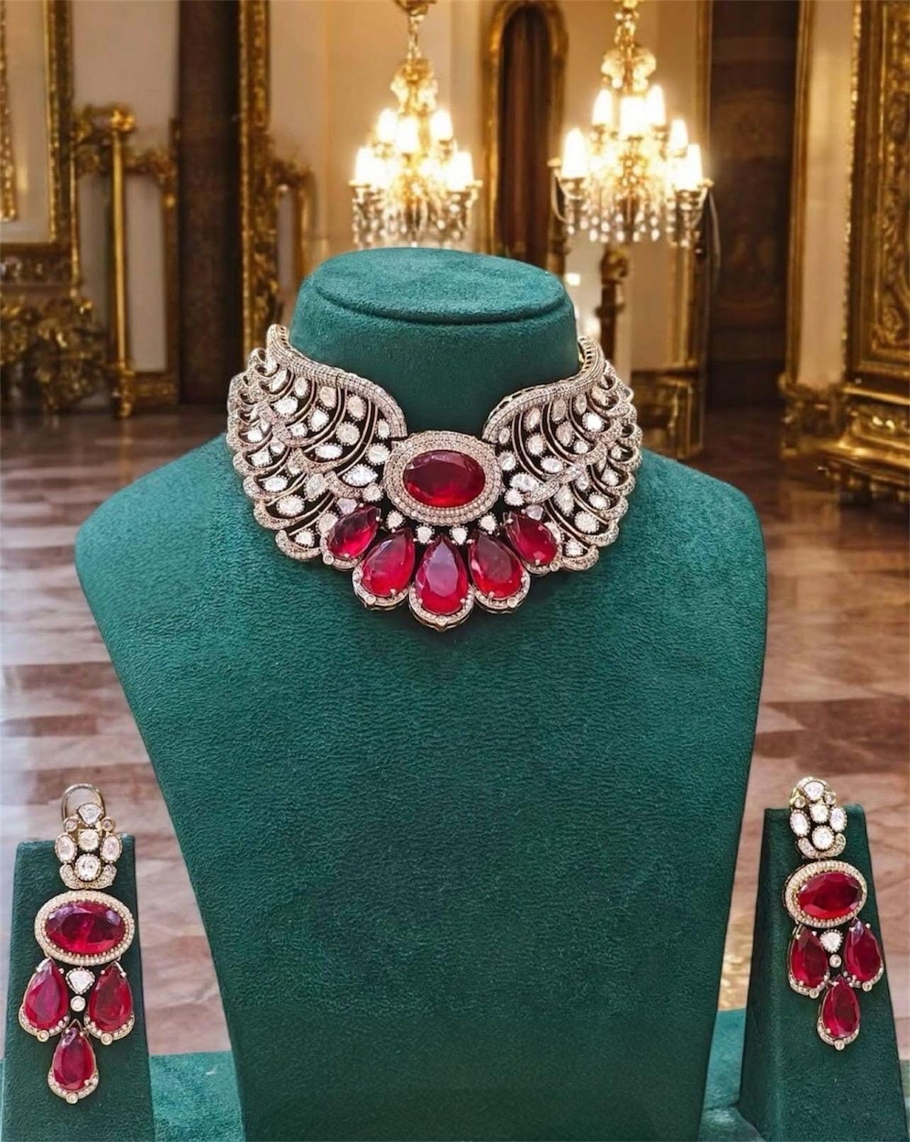 Designer Moissanite Polki Doublet Stone set with earrings,statement necklace,fusion necklace,Indian jewelry,bridal jewelry,wedding jewelry