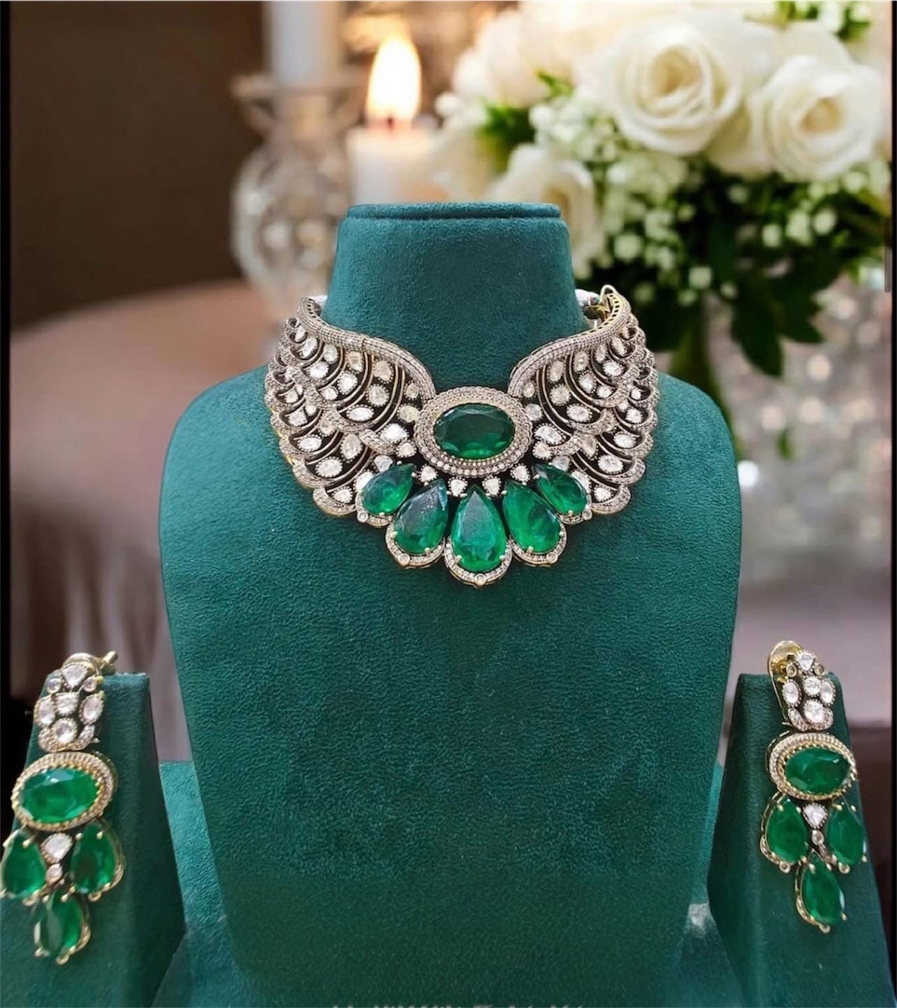 Designer Moissanite Polki Doublet Stone set with earrings,statement necklace,fusion necklace,Indian jewelry,bridal jewelry,wedding jewelry