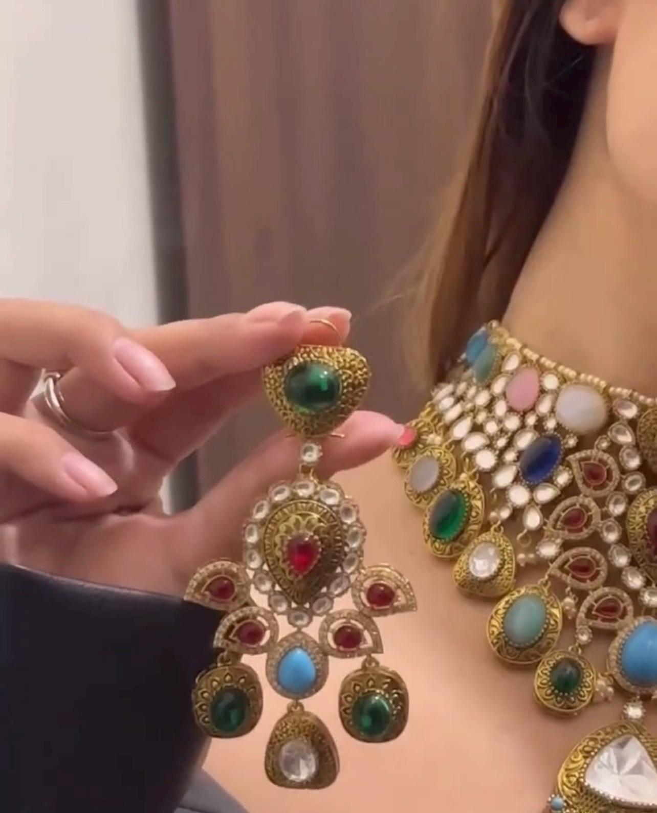 Navratan Sabyasachi Inspired Moissanite Polki Kundan Wedding Set,Choker set,bridal set,Statement necklace,Indian jewelry,Pakistani jewelry