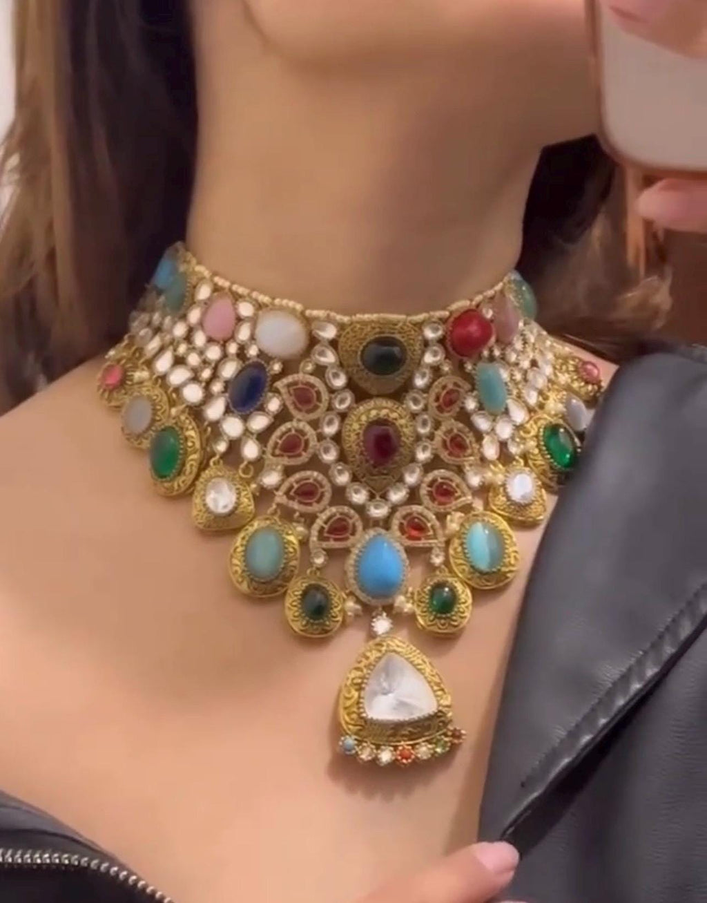 Navratan Sabyasachi Inspired Moissanite Polki Kundan Wedding Set,Choker set,bridal set,Statement necklace,Indian jewelry,Pakistani jewelry