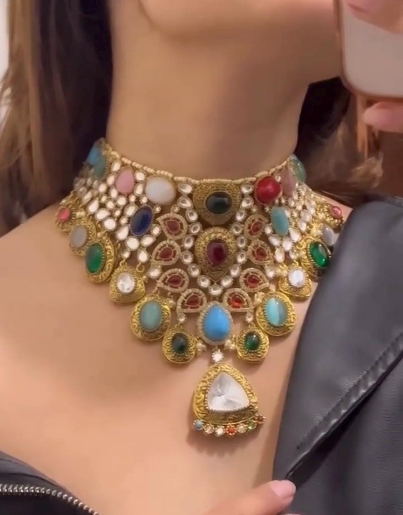 Navratan Sabyasachi Inspired Moissanite Polki Kundan Wedding Set,Choker set,bridal set,Statement necklace,Indian jewelry,Pakistani jewelry