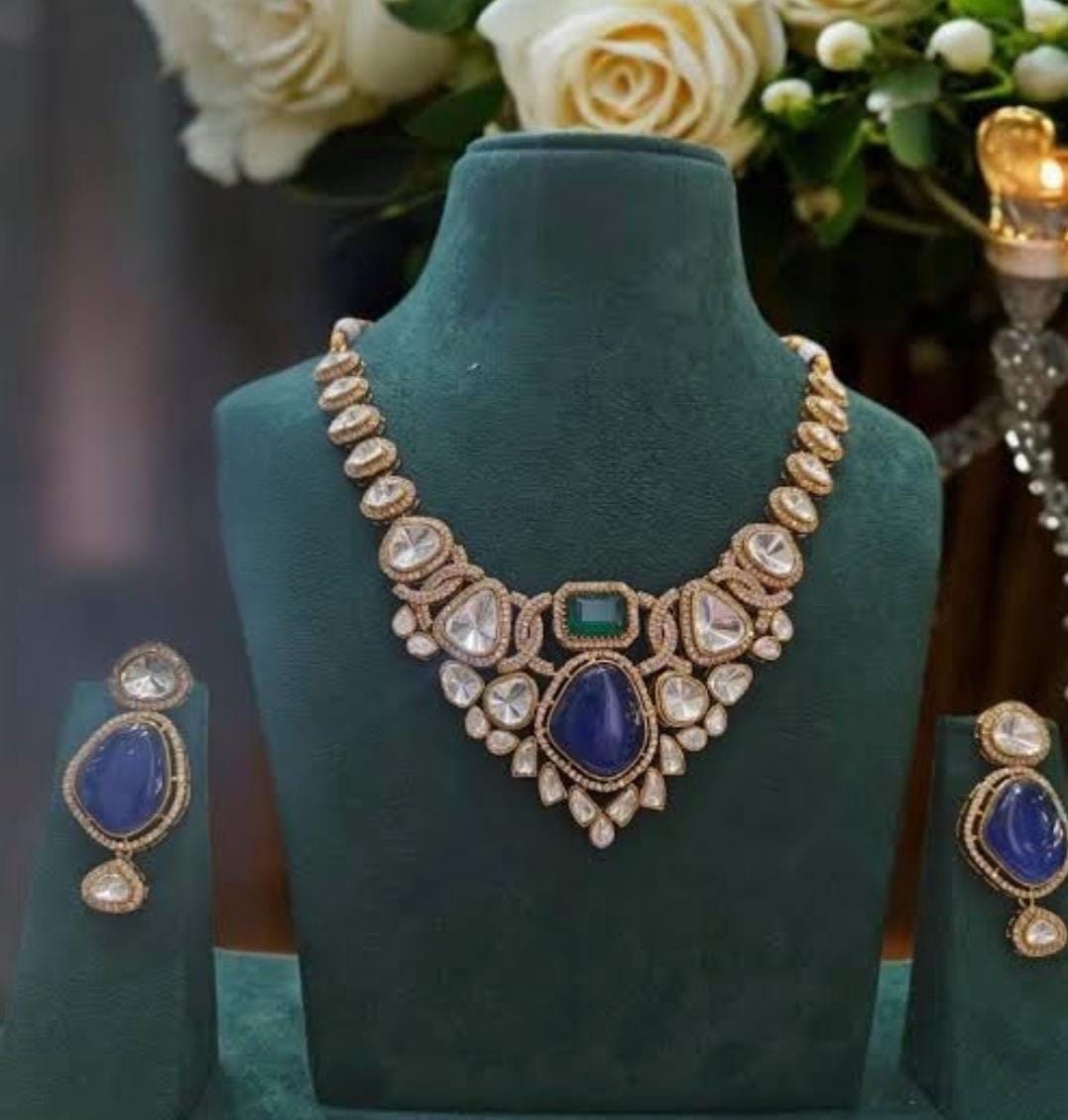 Fine Gold Finish Doublet Stones Uncut Moissanite Kundan Wedding Jewelry Necklace Set with Earrings,Sabyasachi Jewelry,Statement necklace