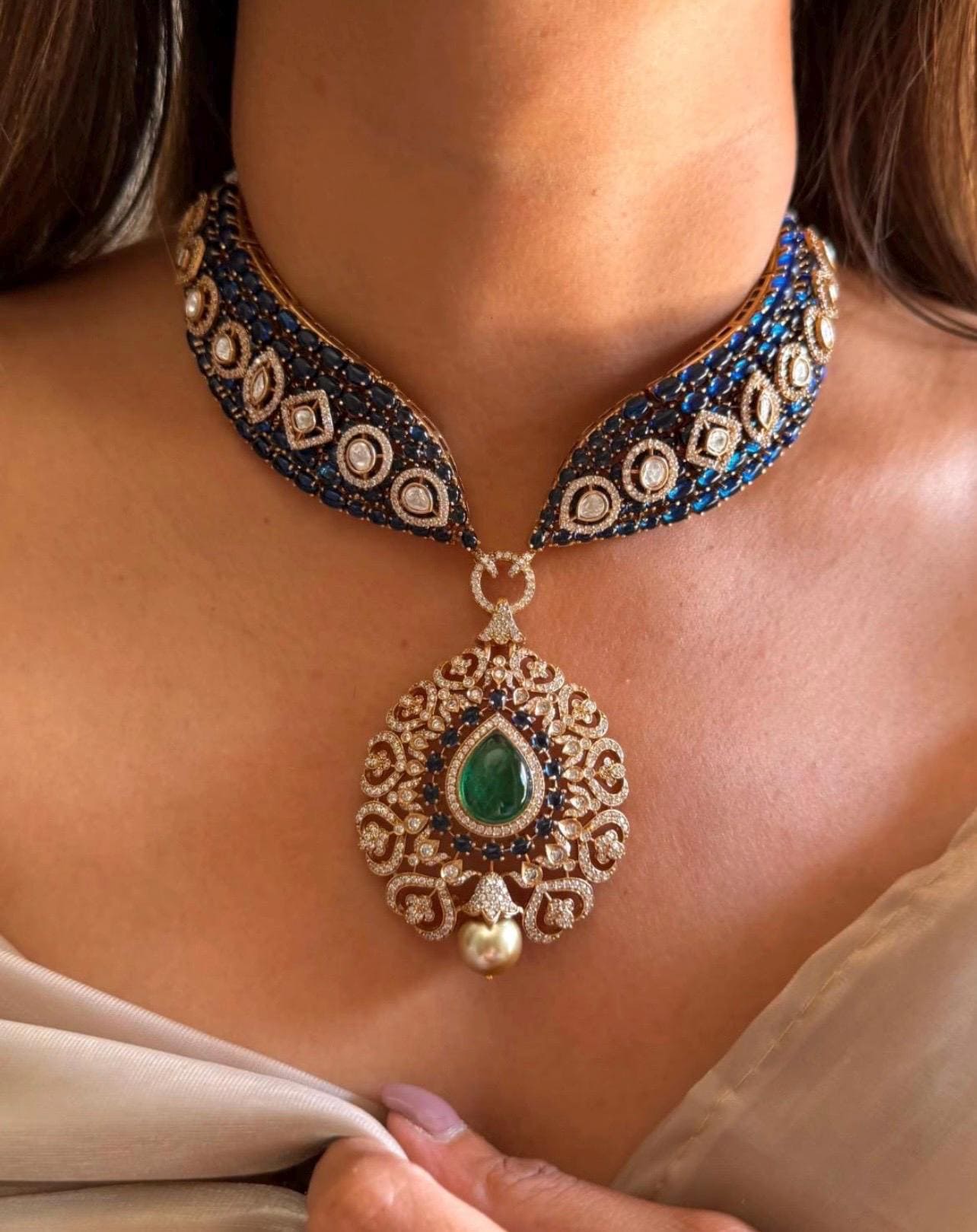Kundan Necklace Sabyasachi Victorian Polki Diamond Necklace Heavy India Bridal Choker Blue Stone Indian Polki Necklace Pakistani Choker