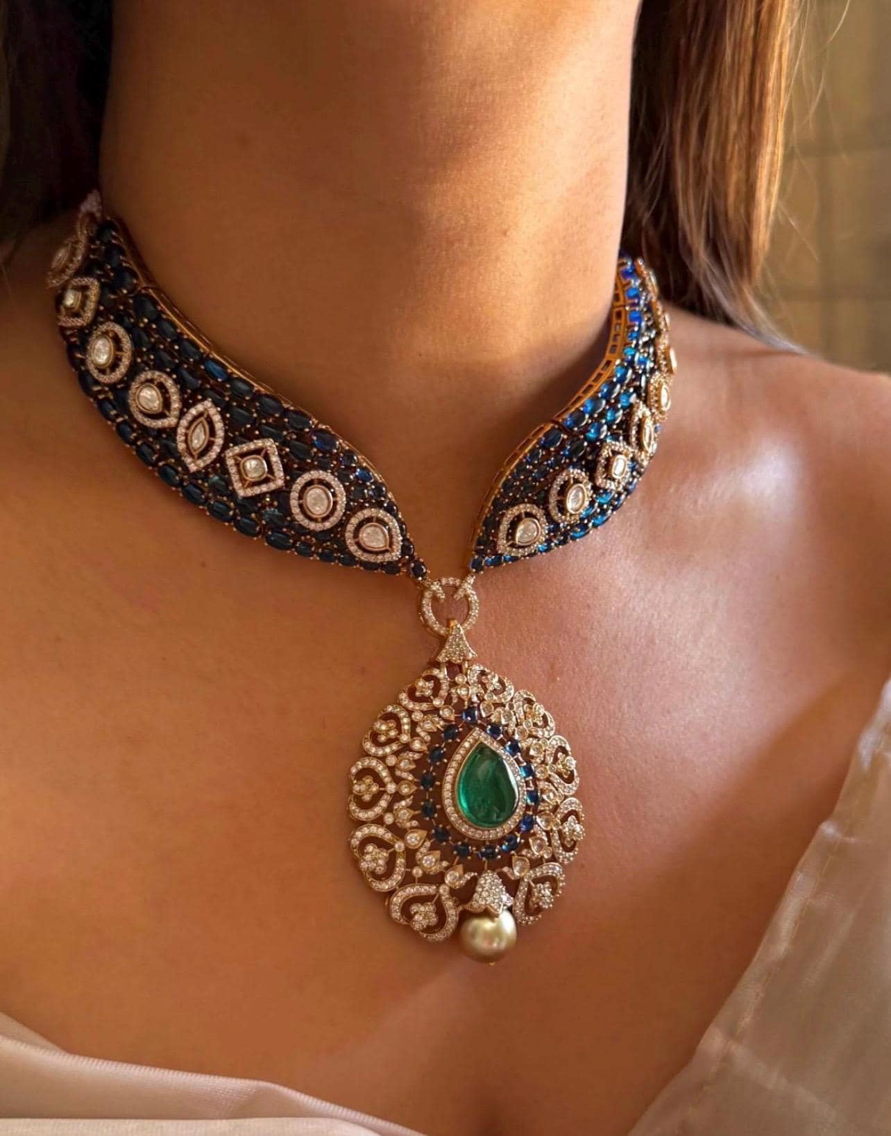Kundan Necklace Sabyasachi Victorian Polki Diamond Necklace Heavy India Bridal Choker Blue Stone Indian Polki Necklace Pakistani Choker