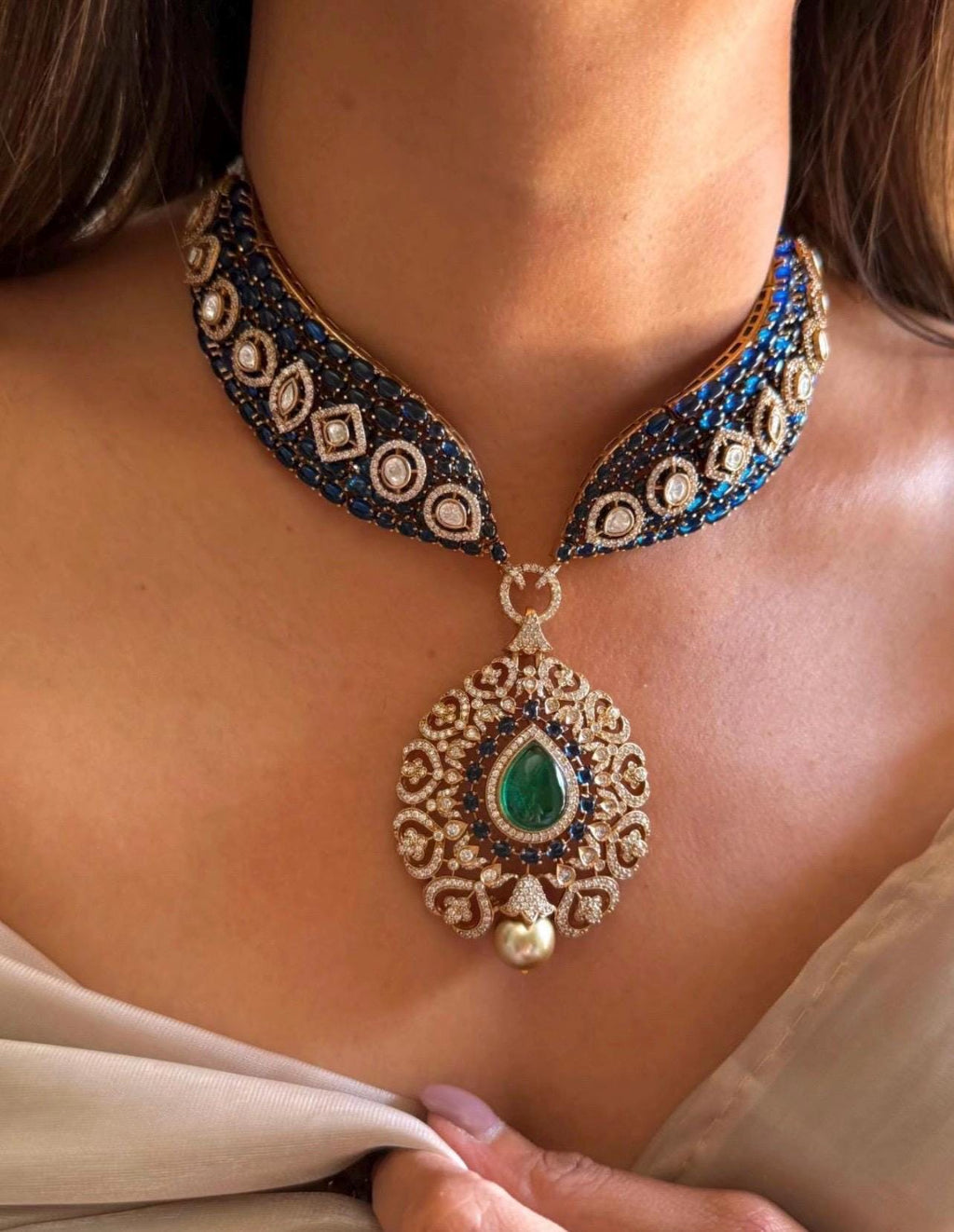 Kundan Necklace Sabyasachi Victorian Polki Diamond Necklace Heavy India Bridal Choker Blue Stone Indian Polki Necklace Pakistani Choker
