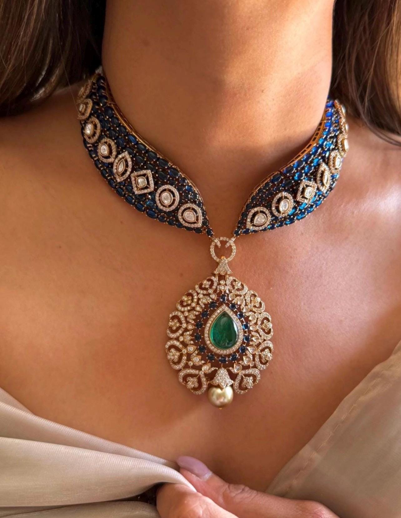 Kundan Necklace Sabyasachi Victorian Polki Diamond Necklace Heavy India Bridal Choker Blue Stone Indian Polki Necklace Pakistani Choker