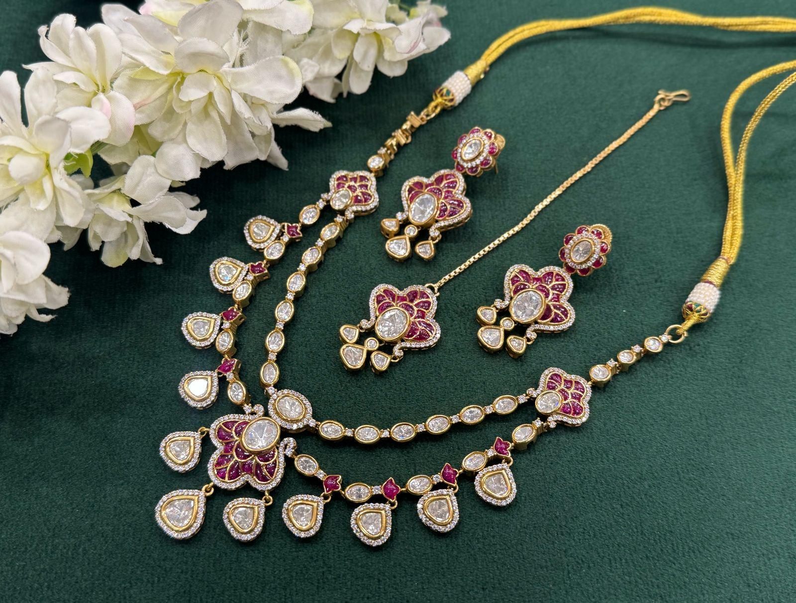 Gold plated mossanite polki 2 layer necklace set with earrings and tikka/ polki layer set