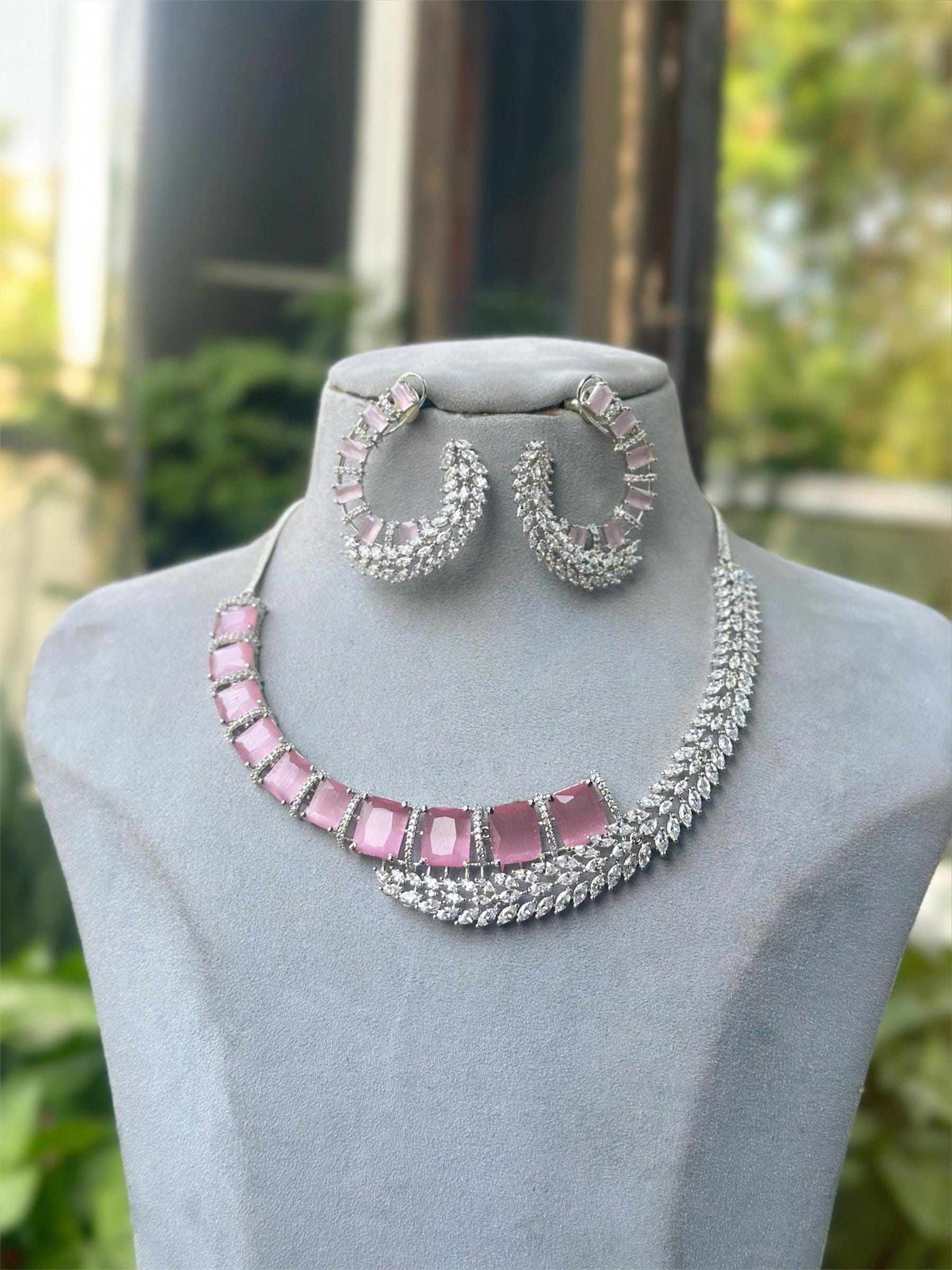 American diamond statement necklace set with earrings/bridesmaid bride wedding necklace/Indian Pakistani designer stone and diamond jewelry