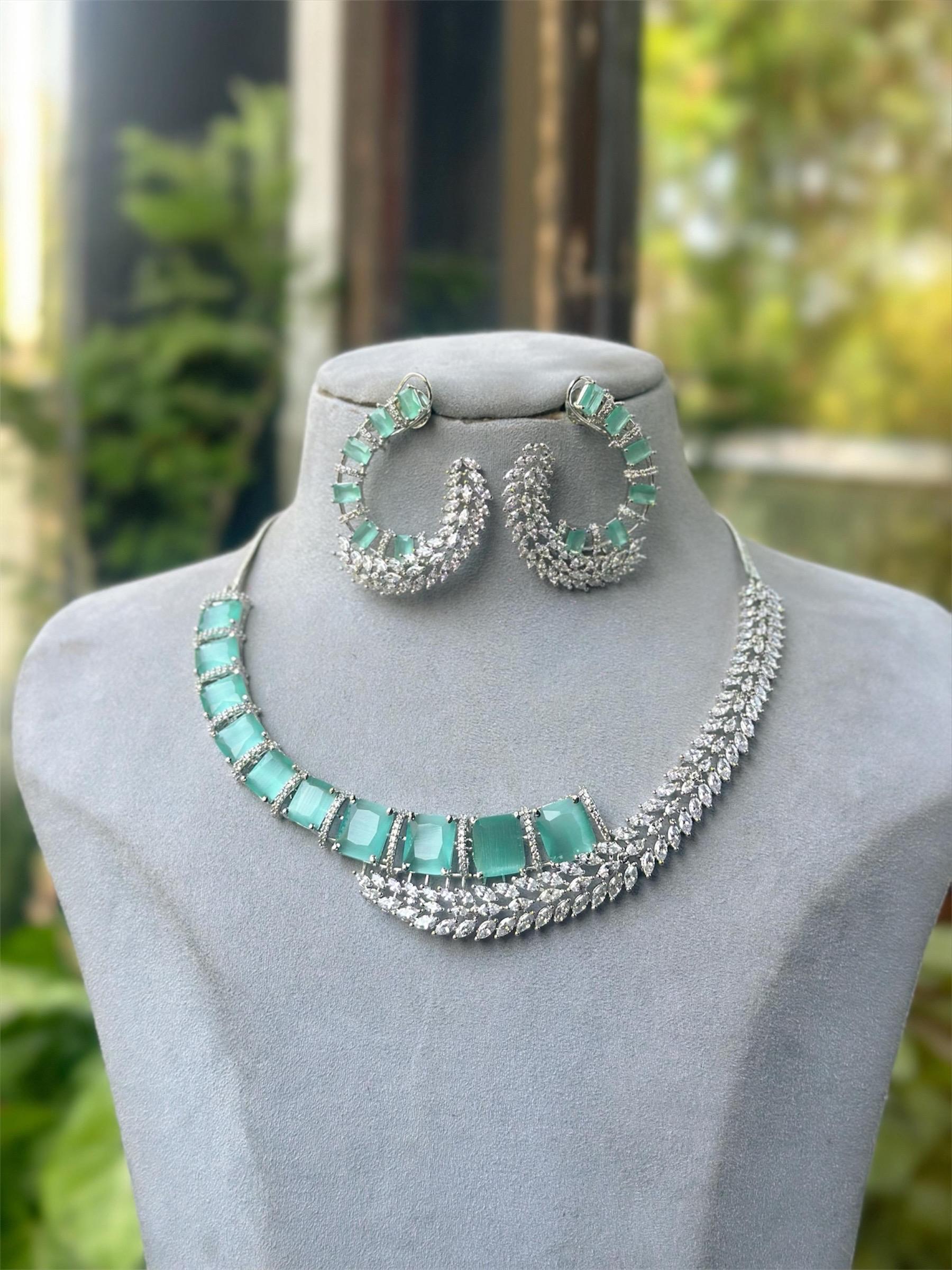 American diamond statement necklace set with earrings/bridesmaid bride wedding necklace/Indian Pakistani designer stone and diamond jewelry