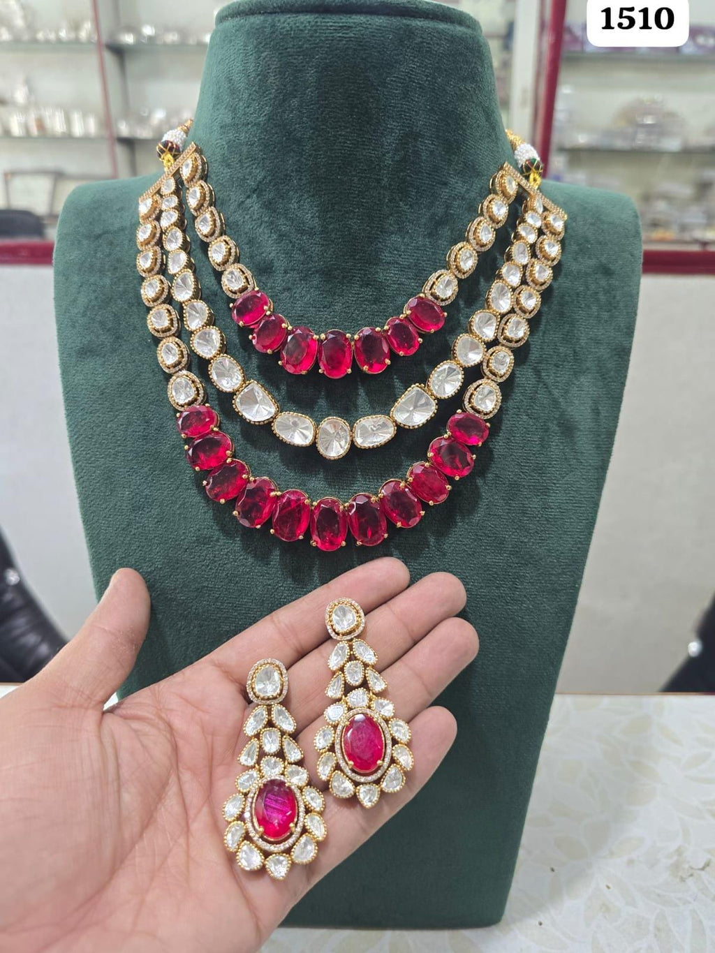 Gold plated mossanite 3 layer necklace set with earrings/ layered necklace set