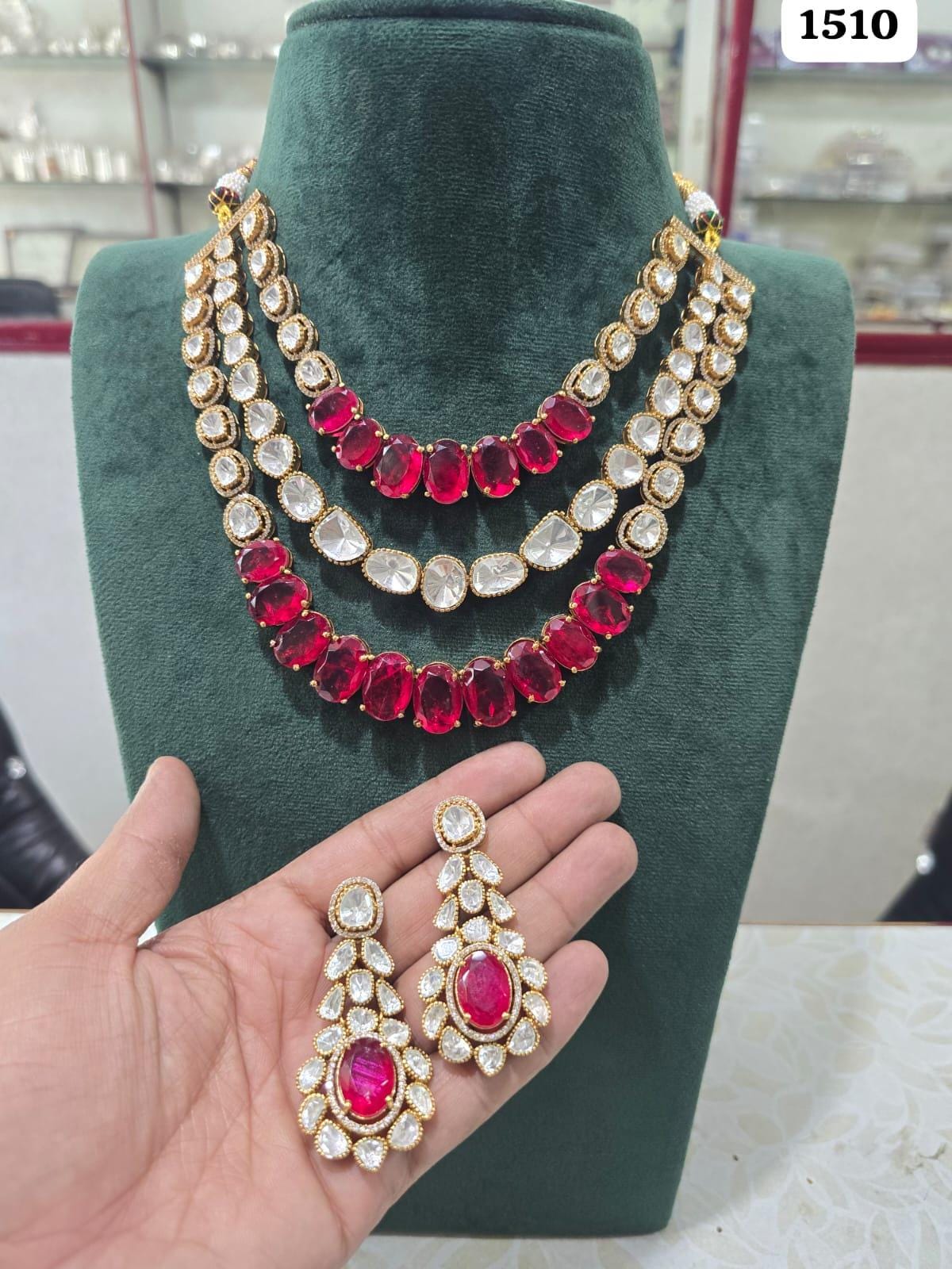 Gold plated mossanite 3 layer necklace set with earrings/ layered necklace set
