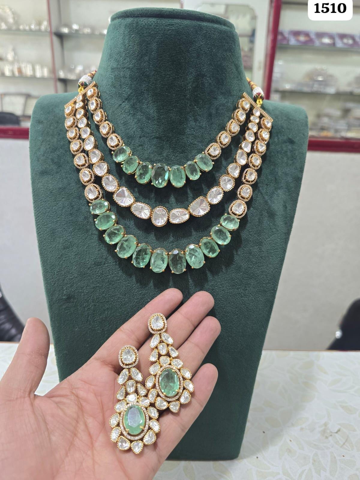 Gold plated mossanite 3 layer necklace set with earrings/ layered necklace set