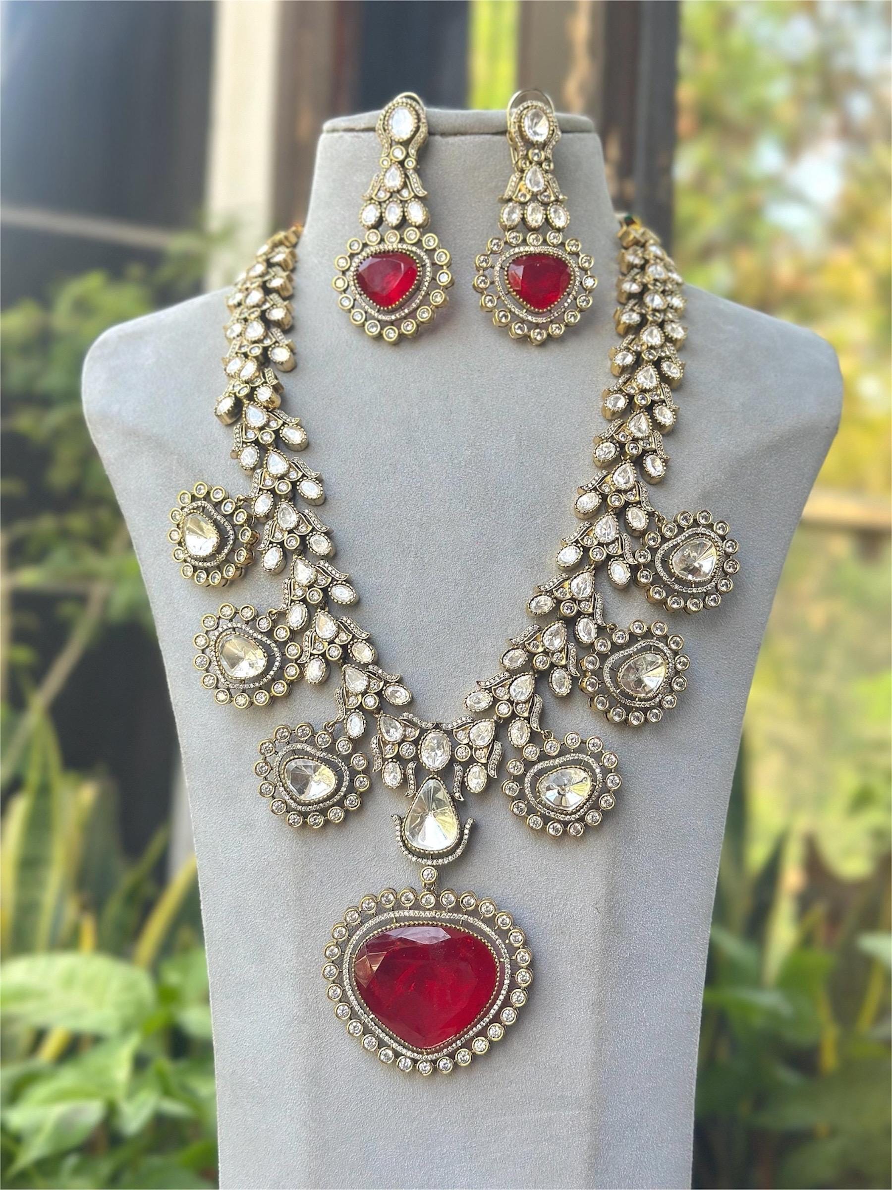Fine Victorian Finish Doublet Stones Uncut Moissanite Kundan Wedding Jewelry Necklace Set & Earrings,Sabyasachi Jewelry,Statement necklace