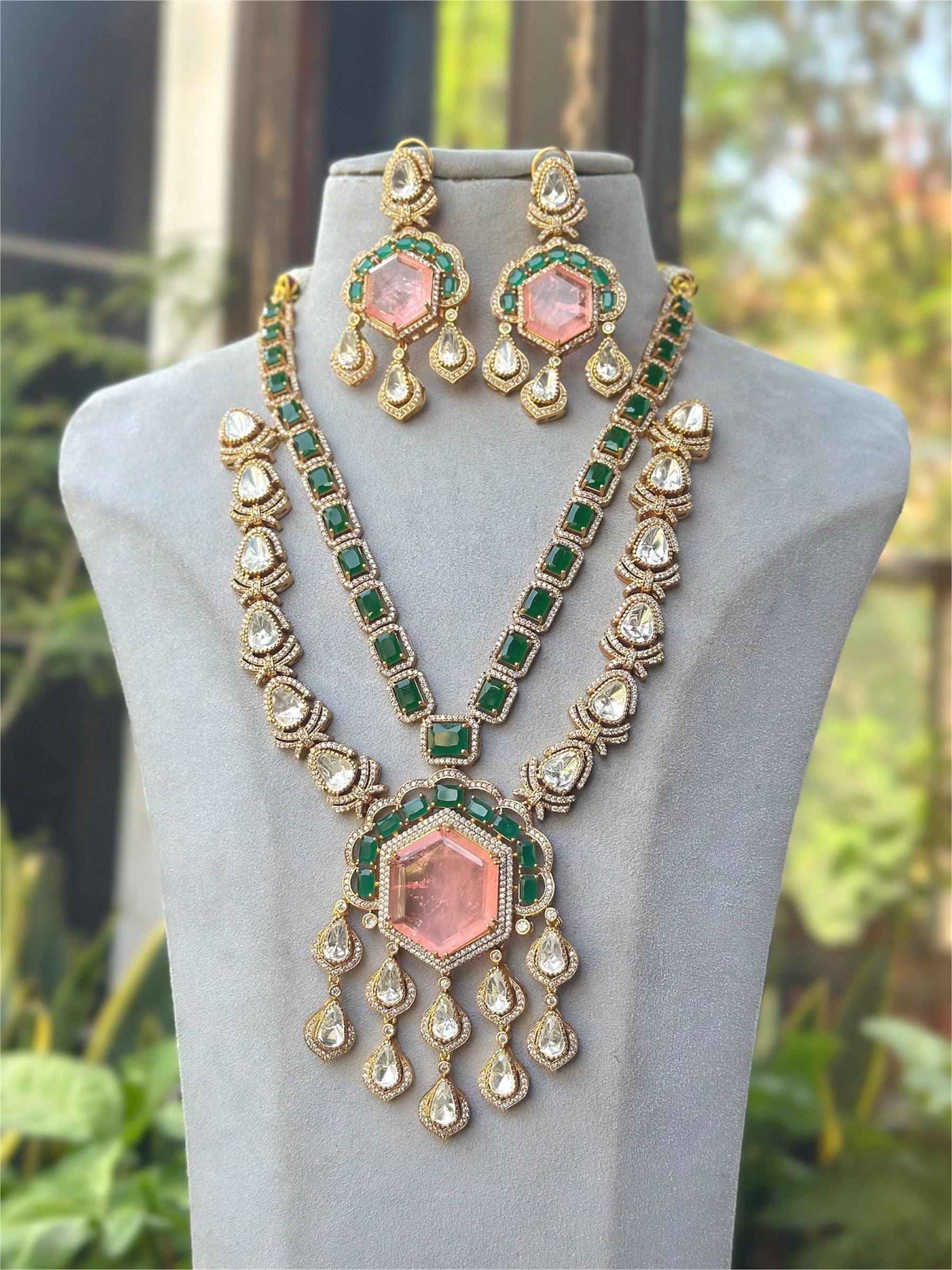 Royal Gold Plated Sabysachi Inspired Moissanite Kundan Green Statement Necklace Doublet stones & Long Earrings Indian Pakistani Wedding Set