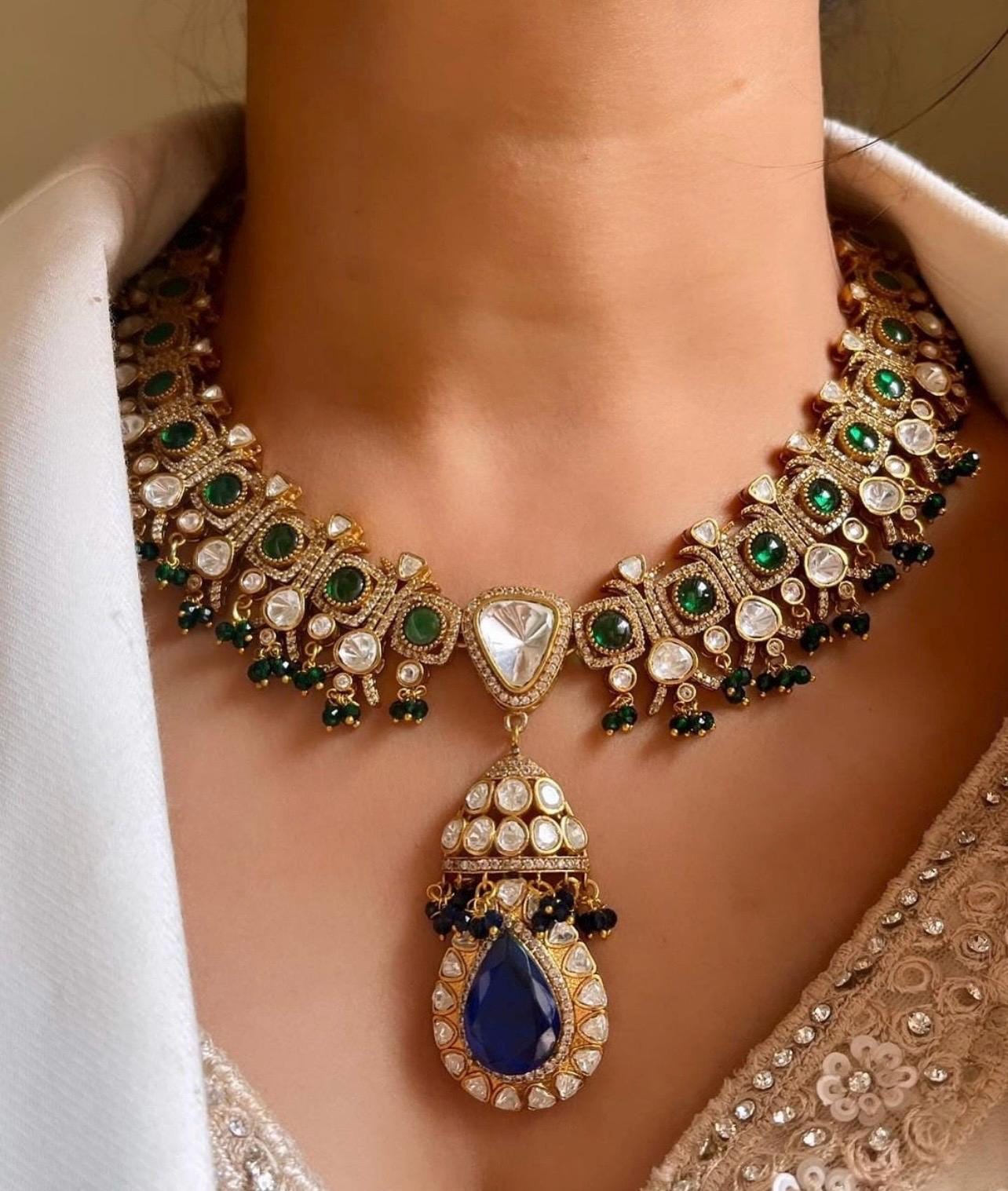 Emerald navratan set Sabyasachi Inspired Gold Plated Emerald green sapphire blue Kundan Polki Diamond Wedding Indian Pakistani Bridal set