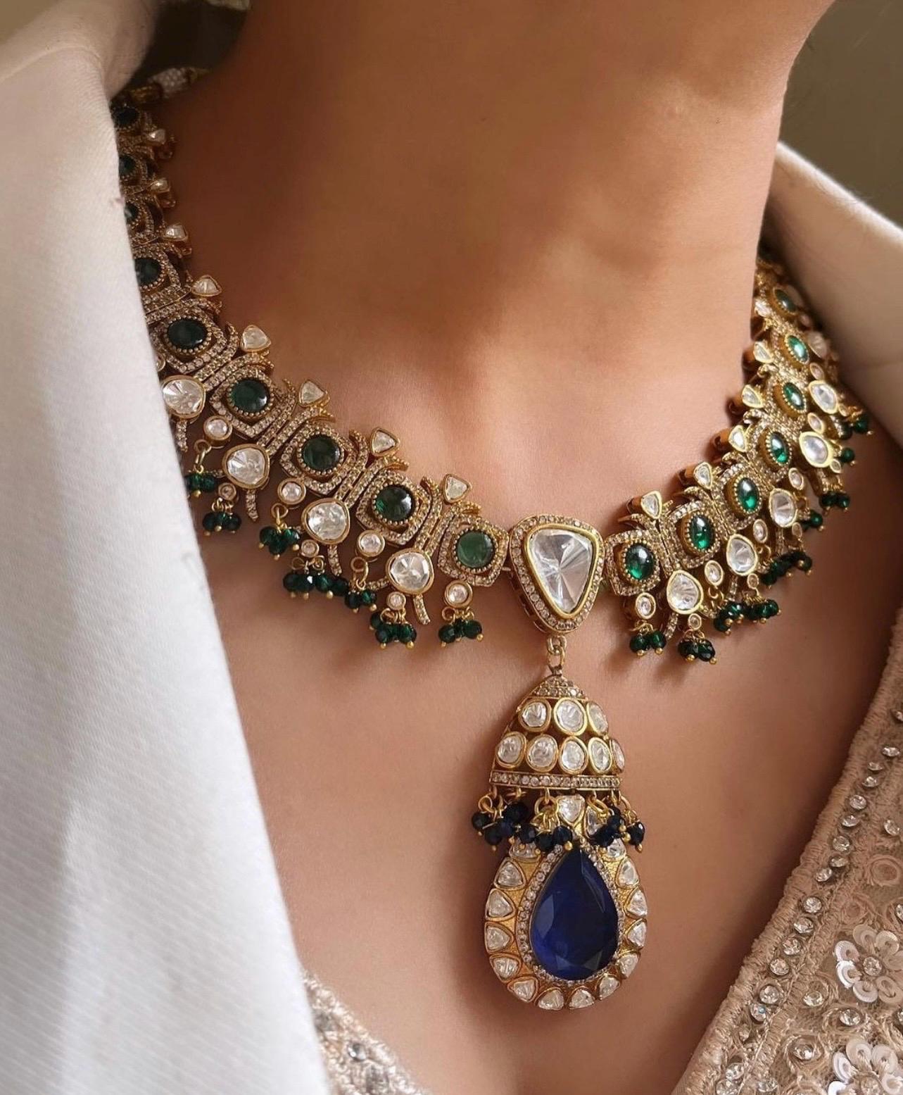 Emerald navratan set Sabyasachi Inspired Gold Plated Emerald green sapphire blue Kundan Polki Diamond Wedding Indian Pakistani Bridal set